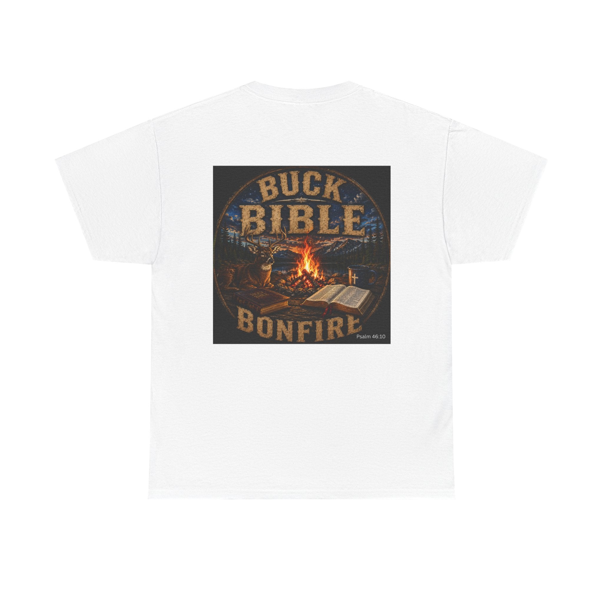 Buck Bible Bonfire Christian Hunting Shirt | Faith Outdoors T-Shirt | Rustic Campfire Deer Unisex Heavy Cotton Tee