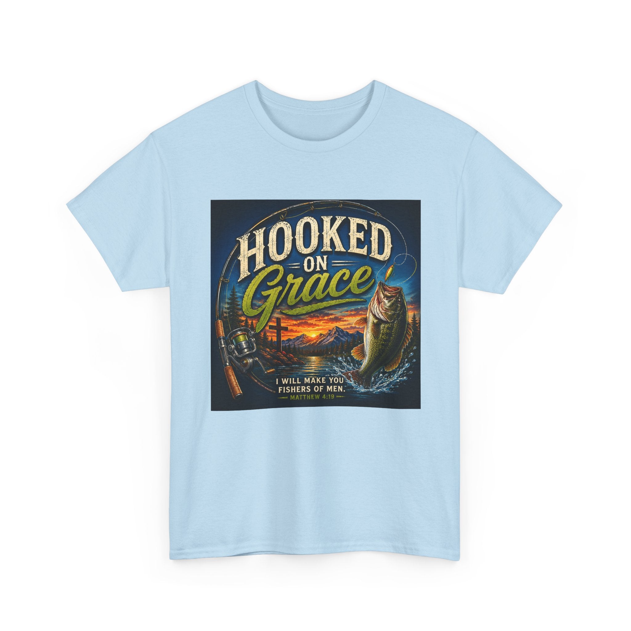 Hooked on Grace Christian Fishing T-Shirt | Faith Based Outdoor Unisex Heavy Cotton Tee