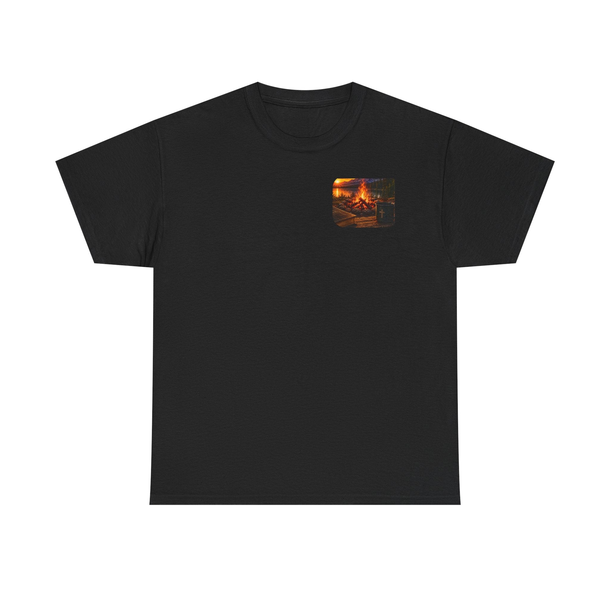 Buck Bible Bonfire Christian Hunting Shirt | Faith Outdoors T-Shirt | Rustic Campfire Deer Unisex Heavy Cotton Tee