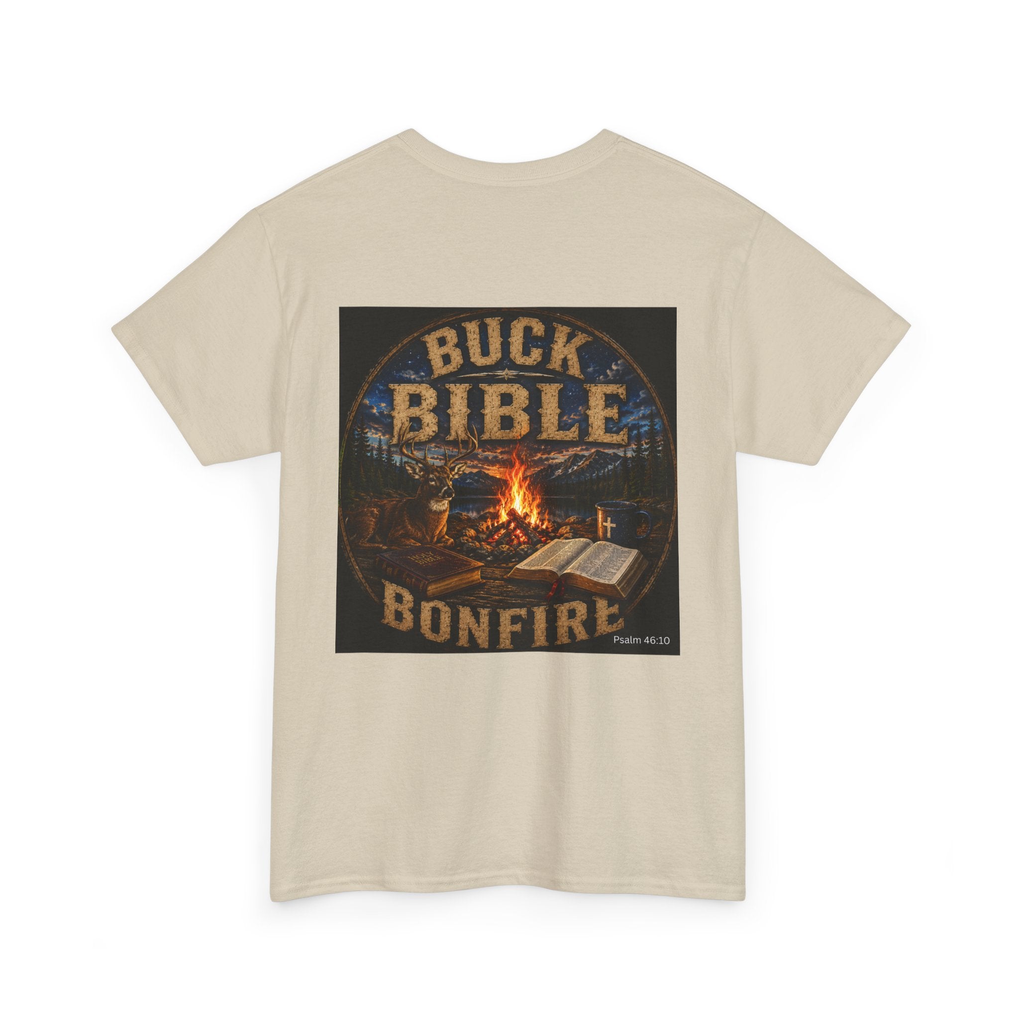 Buck Bible Bonfire Christian Hunting Shirt | Faith Outdoors T-Shirt | Rustic Campfire Deer Unisex Heavy Cotton Tee