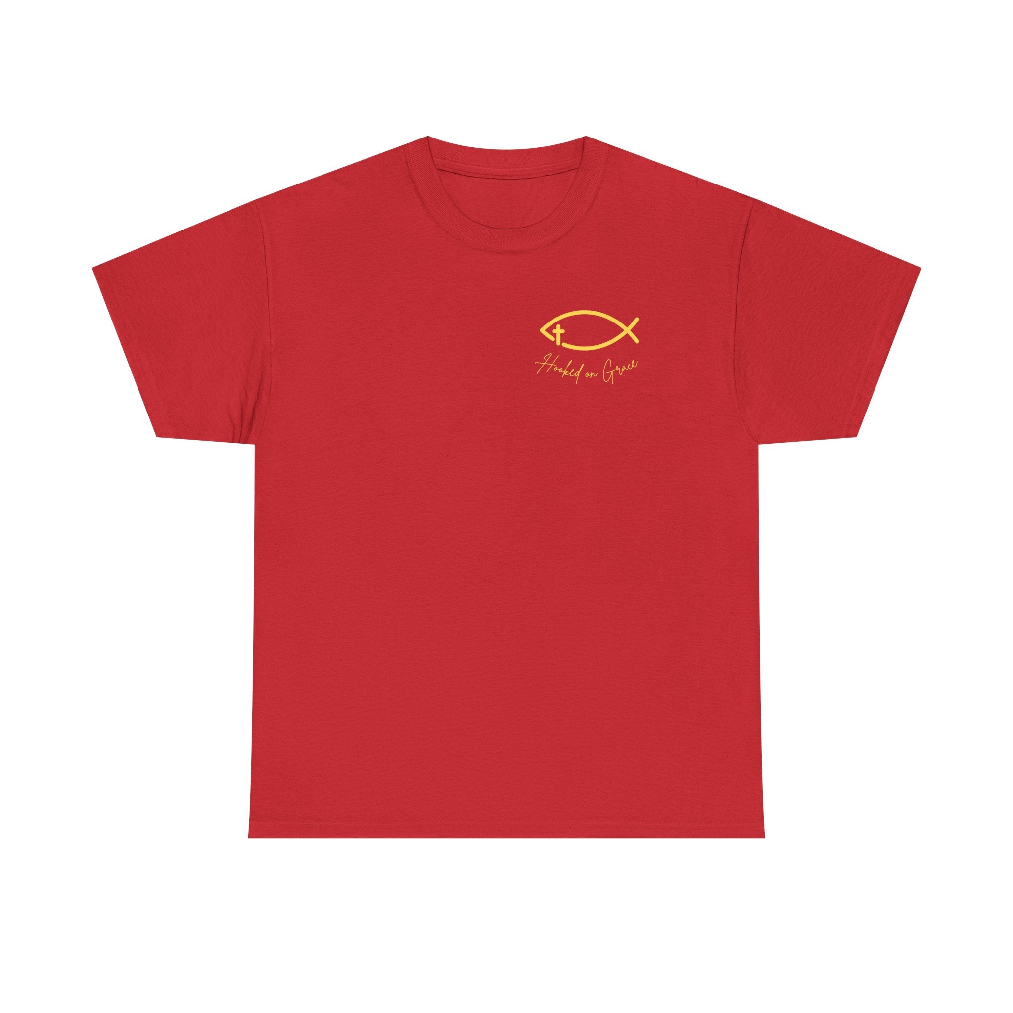 Hooked on Grace Christian Fishing Shirt | Faith-Based Outdoor Tee | Inspirational Fisherman Graphic T-Shirt Unisex Heavy Cotton Tee