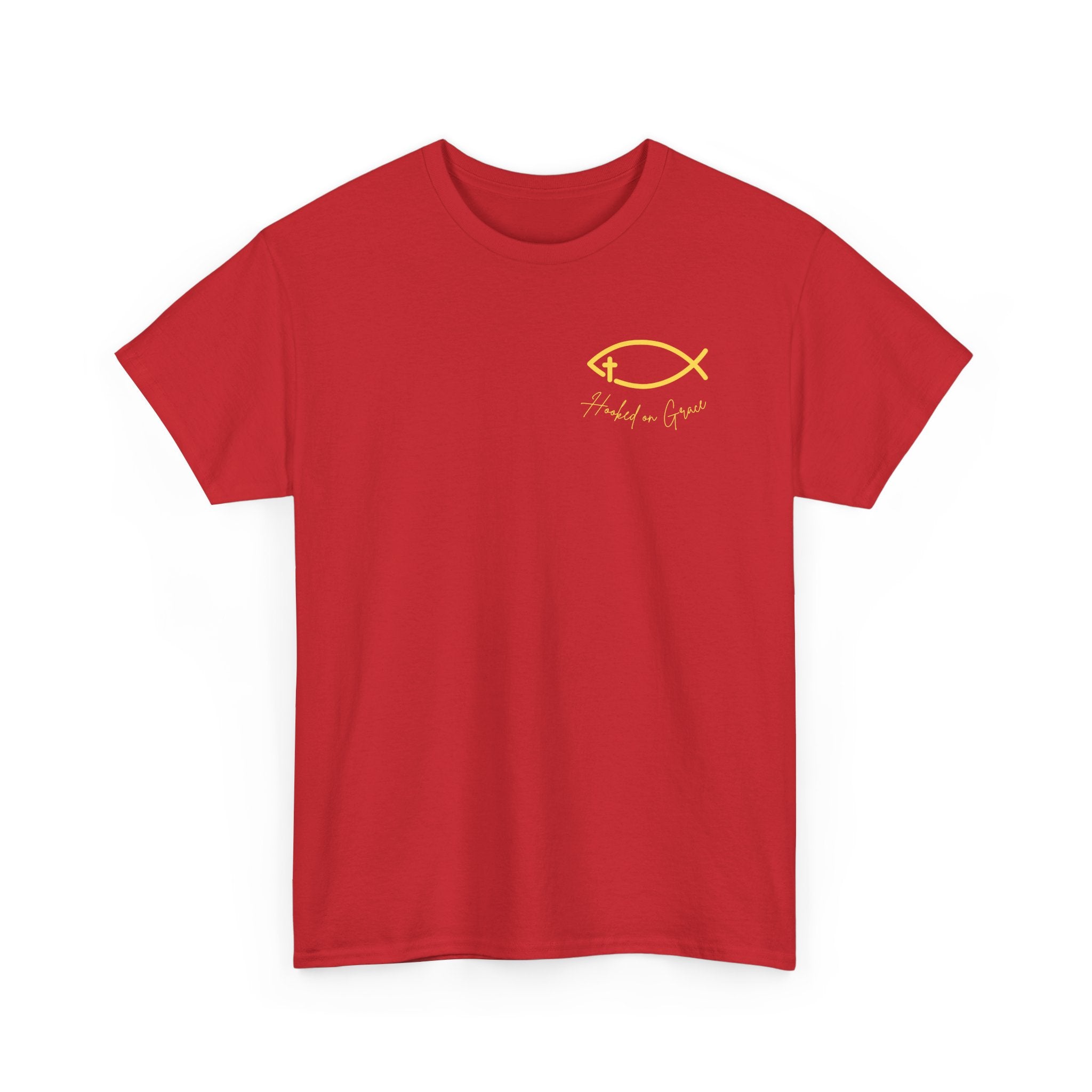 Hooked on Grace Christian Fishing Shirt | Faith-Based Outdoor Tee | Inspirational Fisherman Graphic T-Shirt Unisex Heavy Cotton Tee