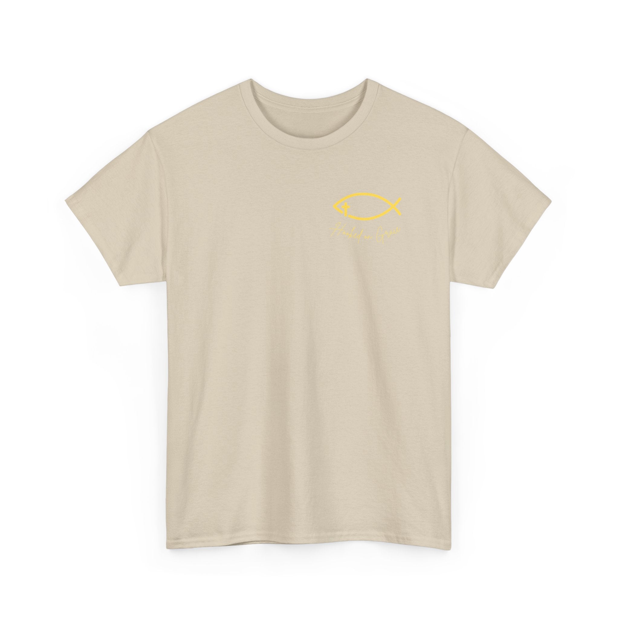 Hooked on Grace Christian Fishing Shirt | Faith-Based Outdoor Tee | Inspirational Fisherman Graphic T-Shirt Unisex Heavy Cotton Tee