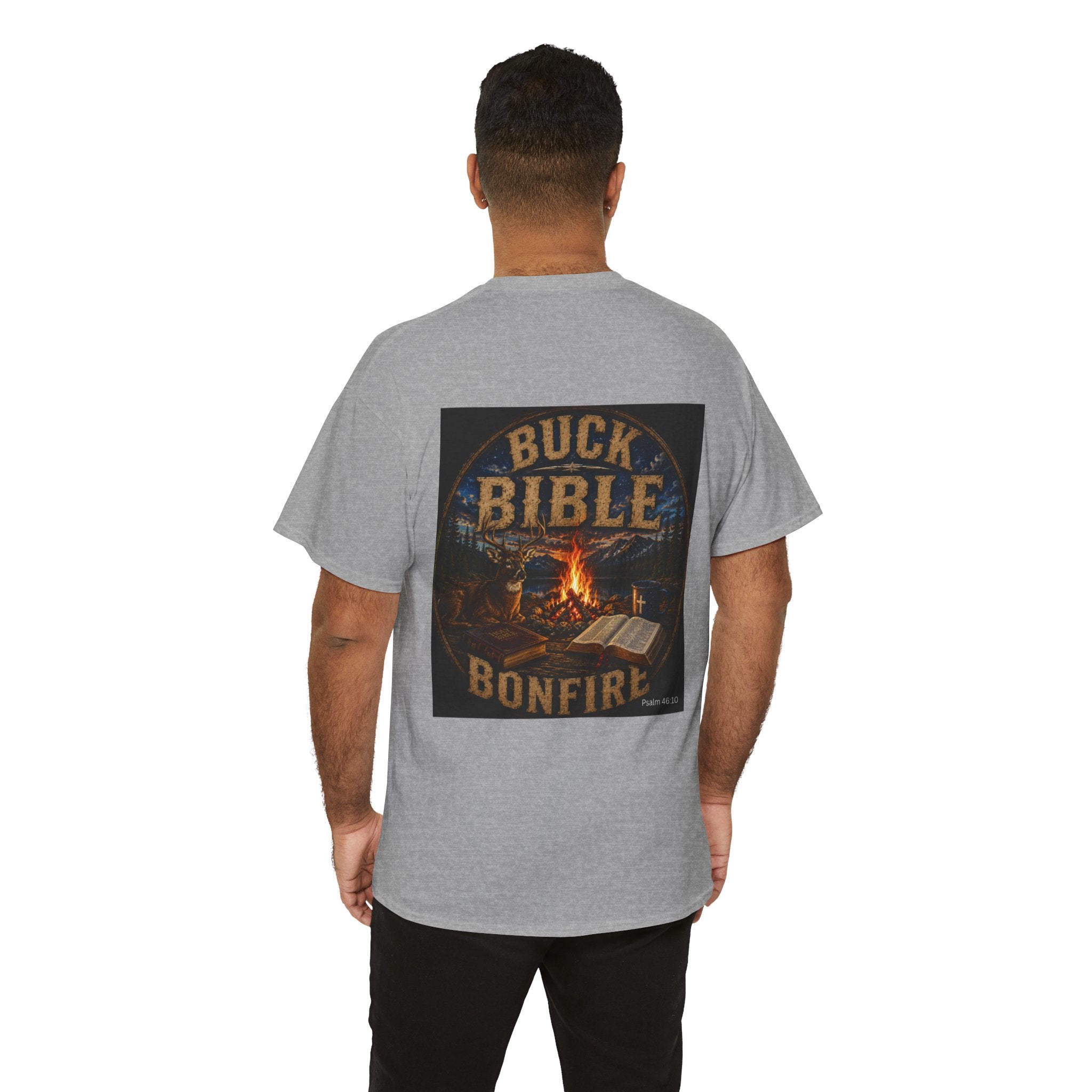 Buck Bible Bonfire Christian Hunting Shirt | Faith Outdoors T-Shirt | Rustic Campfire Deer Unisex Heavy Cotton Tee