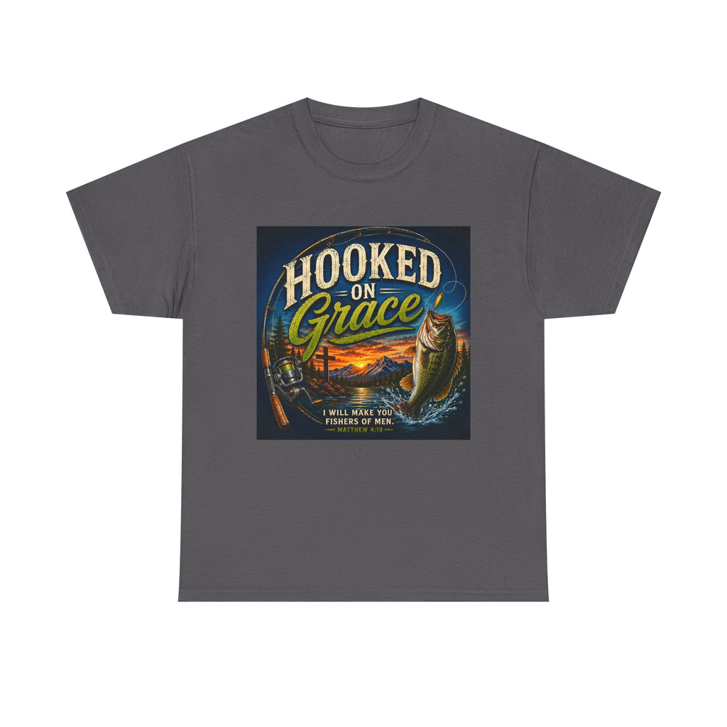 Hooked on Grace Christian Fishing T-Shirt | Faith Based Outdoor Unisex Heavy Cotton Tee