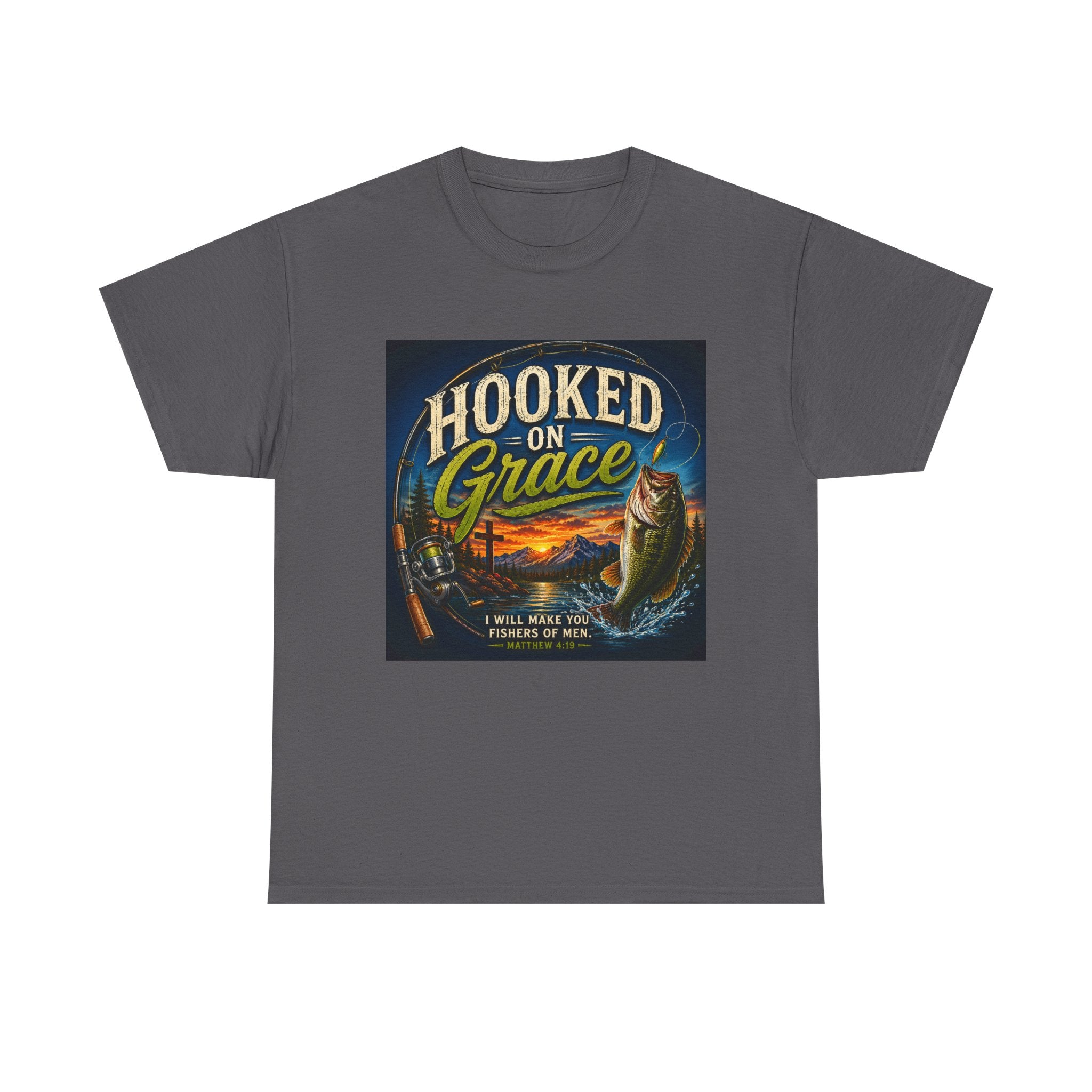 Hooked on Grace Christian Fishing T-Shirt | Faith Based Outdoor Unisex Heavy Cotton Tee