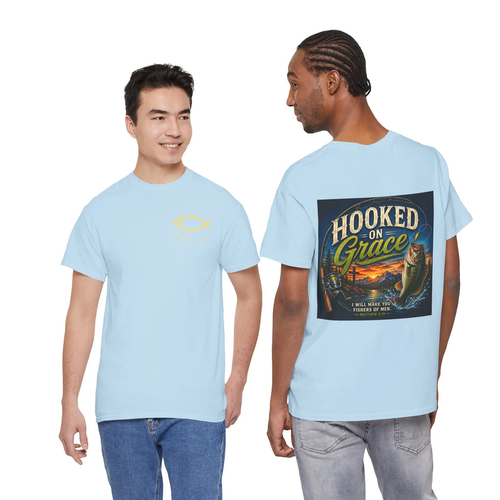 Hooked on Grace Christian Fishing Shirt | Faith-Based Outdoor Tee | Inspirational Fisherman Graphic T-Shirt Unisex Heavy Cotton Tee