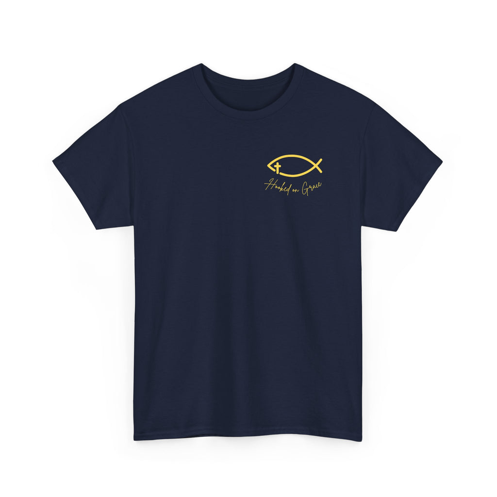 Hooked on Grace Christian Fishing Shirt | Faith-Based Outdoor Tee | Inspirational Fisherman Graphic T-Shirt Unisex Heavy Cotton Tee