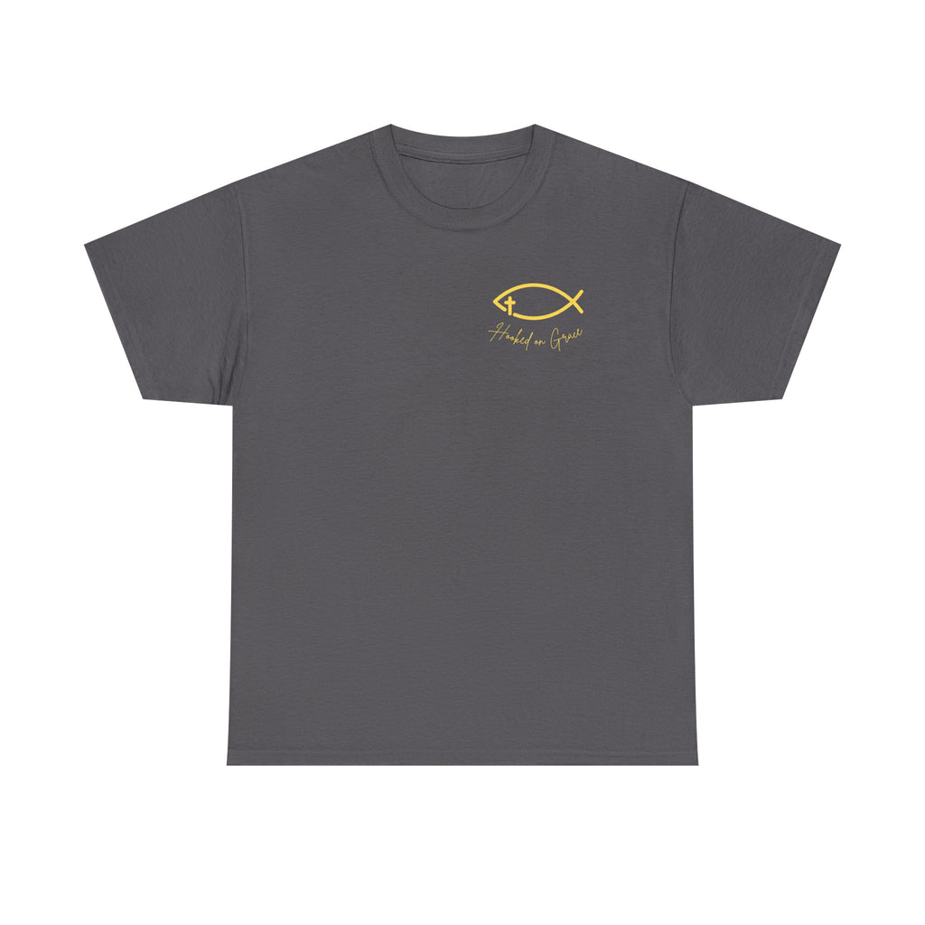 Hooked on Grace Christian Fishing Shirt | Faith-Based Outdoor Tee | Inspirational Fisherman Graphic T-Shirt Unisex Heavy Cotton Tee