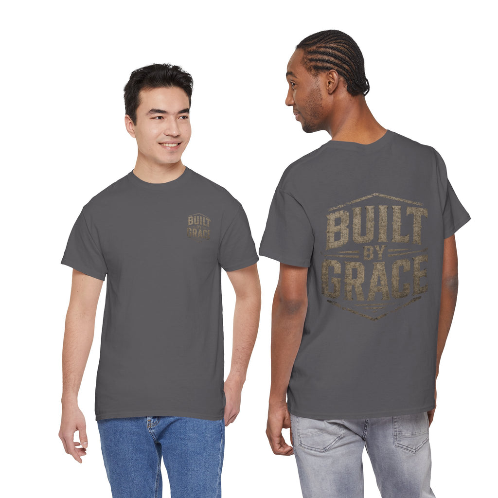 Built By Grace Christian T-Shirt | Rugged Faith-Based Graphic Tee | Inspirational Western Style Unisex Heavy Cotton Tee