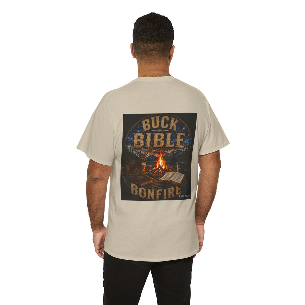 Buck Bible Bonfire Christian Hunting Shirt | Faith Outdoors T-Shirt | Rustic Campfire Deer Unisex Heavy Cotton Tee