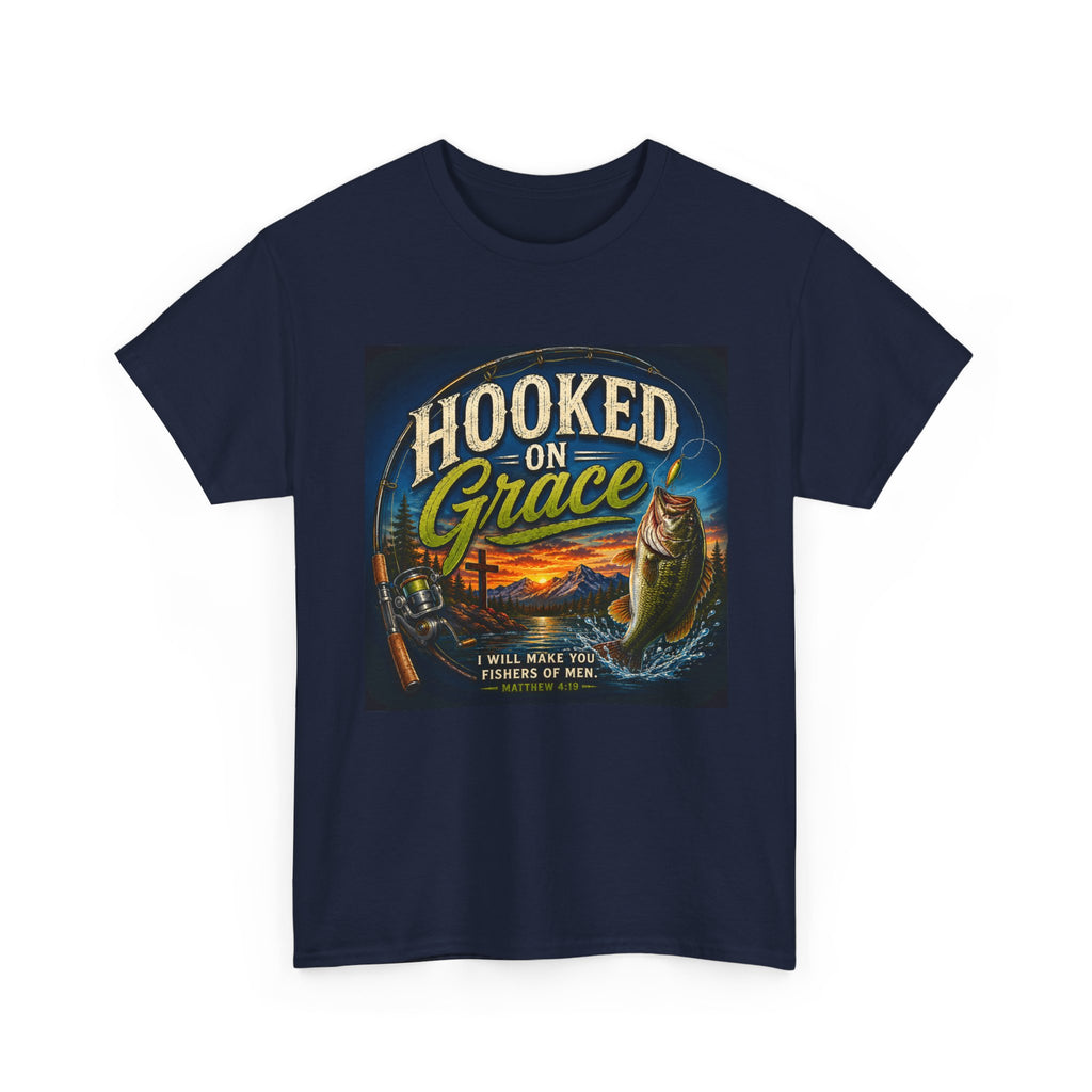 Hooked on Grace Christian Fishing T-Shirt | Faith Based Outdoor Unisex Heavy Cotton Tee