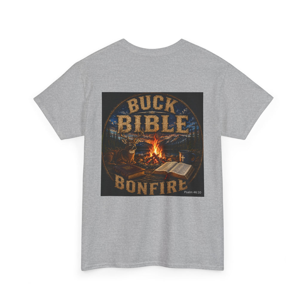 Buck Bible Bonfire Christian Hunting Shirt | Faith Outdoors T-Shirt | Rustic Campfire Deer Unisex Heavy Cotton Tee