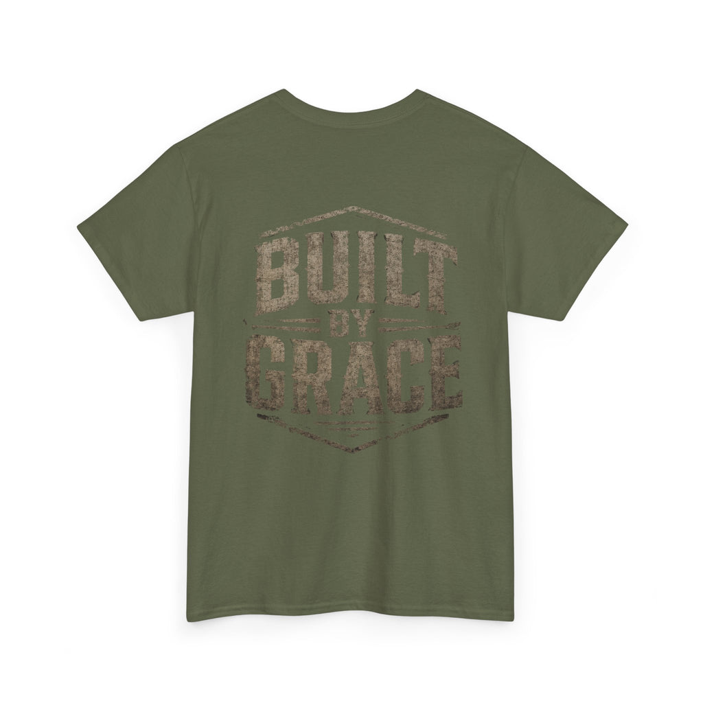 Built By Grace Christian T-Shirt | Rugged Faith-Based Graphic Tee | Inspirational Western Style Unisex Heavy Cotton Tee