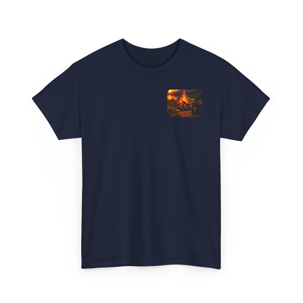 Buck Bible Bonfire Christian Hunting Shirt | Faith Outdoors T-Shirt | Rustic Campfire Deer Unisex Heavy Cotton Tee