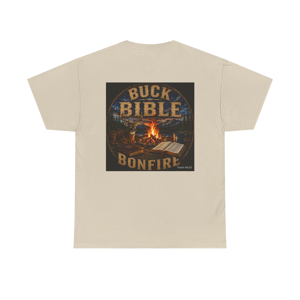 Buck Bible Bonfire Christian Hunting Shirt | Faith Outdoors T-Shirt | Rustic Campfire Deer Unisex Heavy Cotton Tee