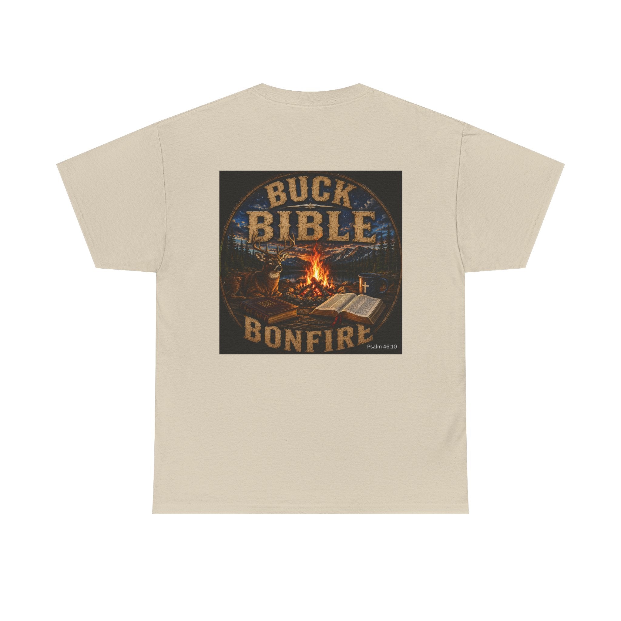 Buck Bible Bonfire Christian Hunting Shirt | Faith Outdoors T-Shirt | Rustic Campfire Deer Unisex Heavy Cotton Tee