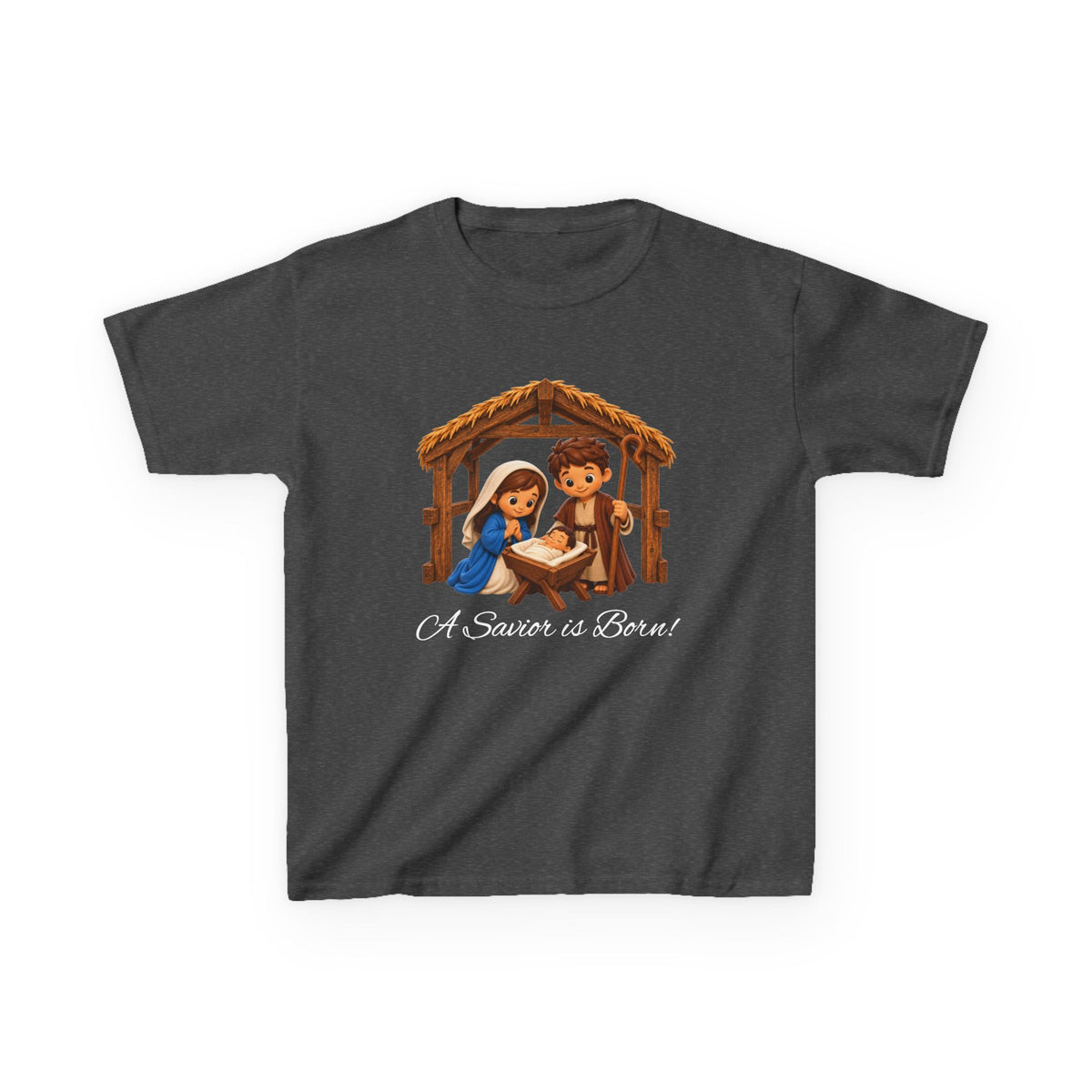 A Savior Is Born Kids Christmas T-Shirt – Nativity Christian Kids Heavy Cotton™ Tee
