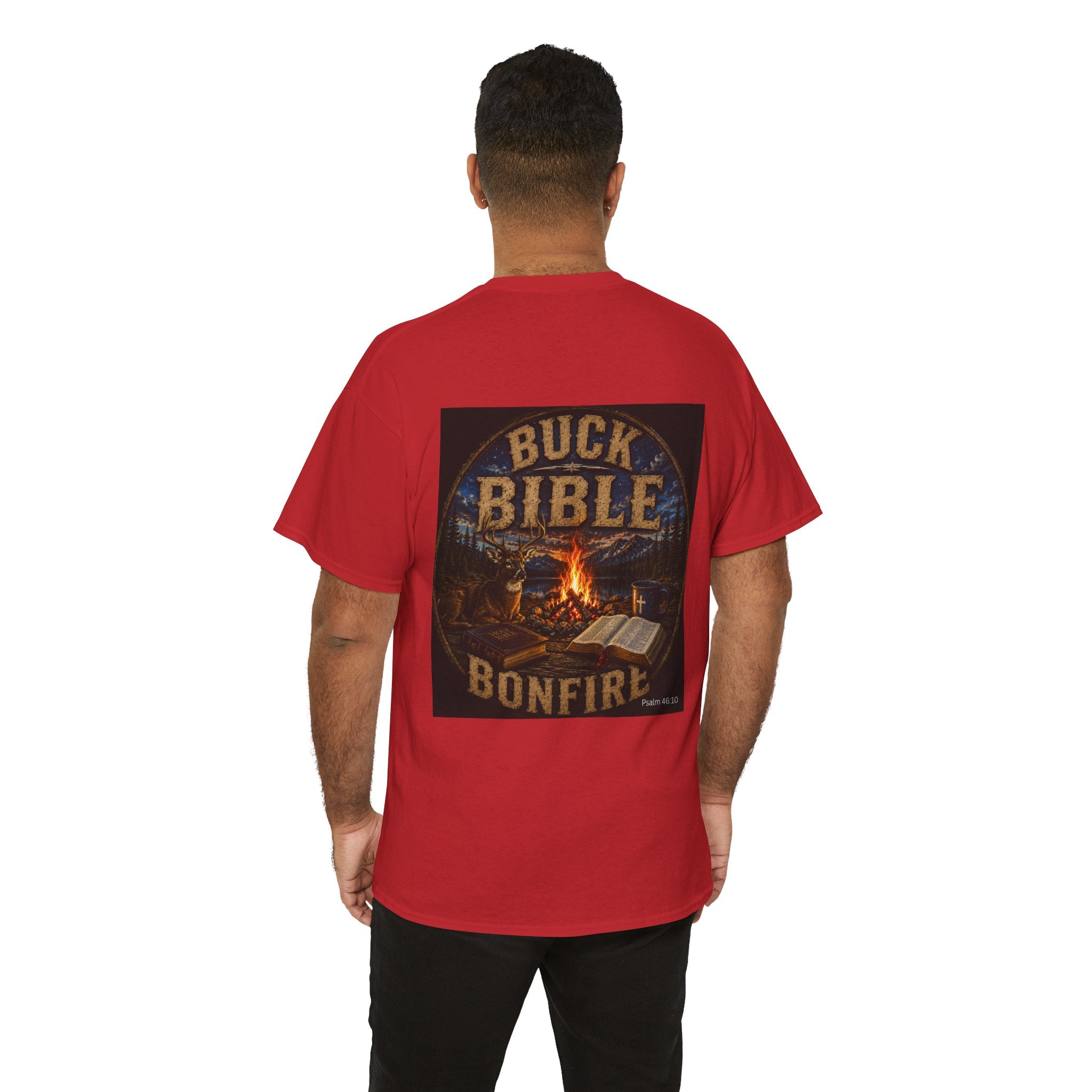 Buck Bible Bonfire Christian Hunting Shirt | Faith Outdoors T-Shirt | Rustic Campfire Deer Unisex Heavy Cotton Tee