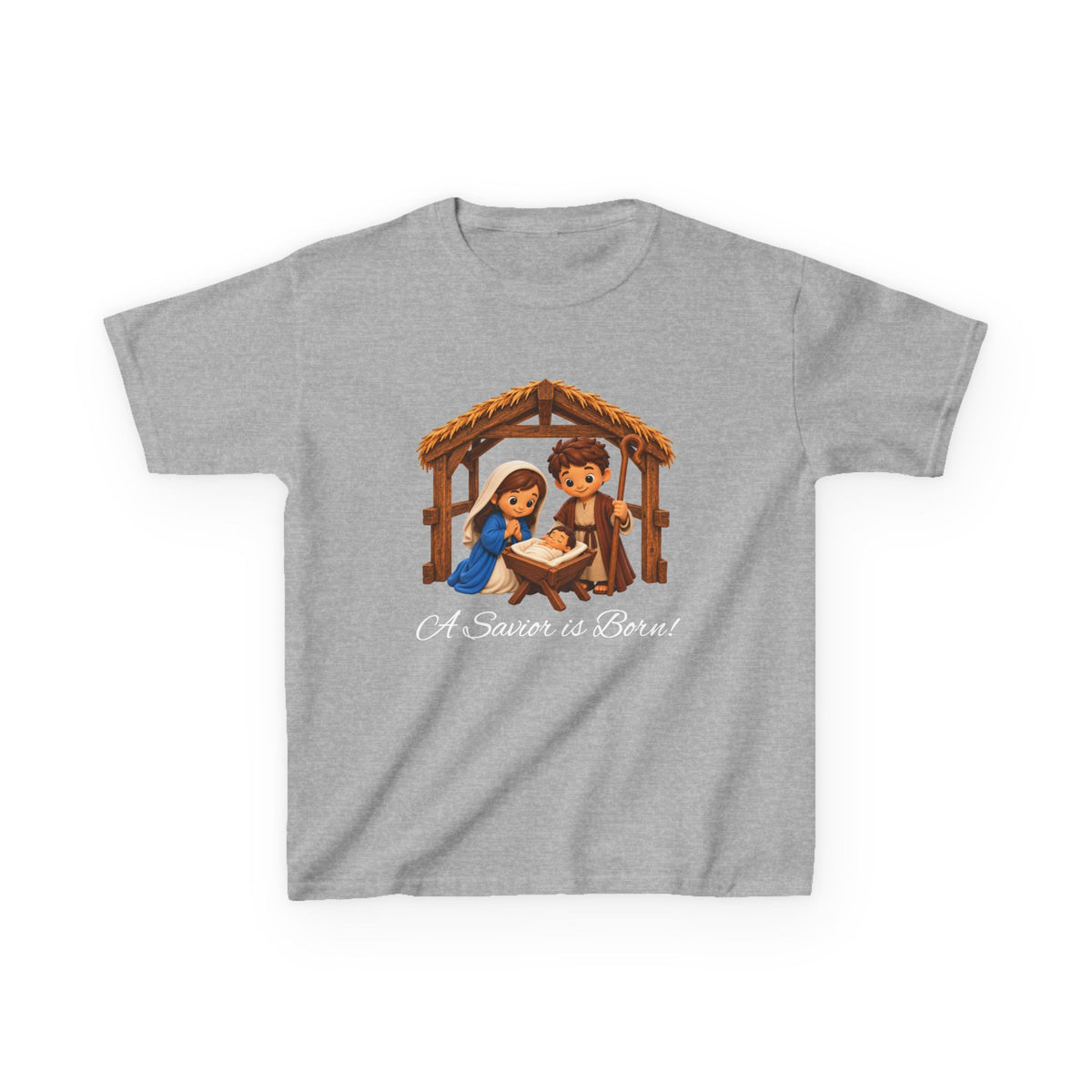 A Savior Is Born Kids Christmas T-Shirt – Nativity Christian Kids Heavy Cotton™ Tee