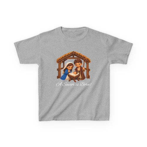 A Savior Is Born Kids Christmas T-Shirt – Nativity Christian Kids Heavy Cotton™ Tee
