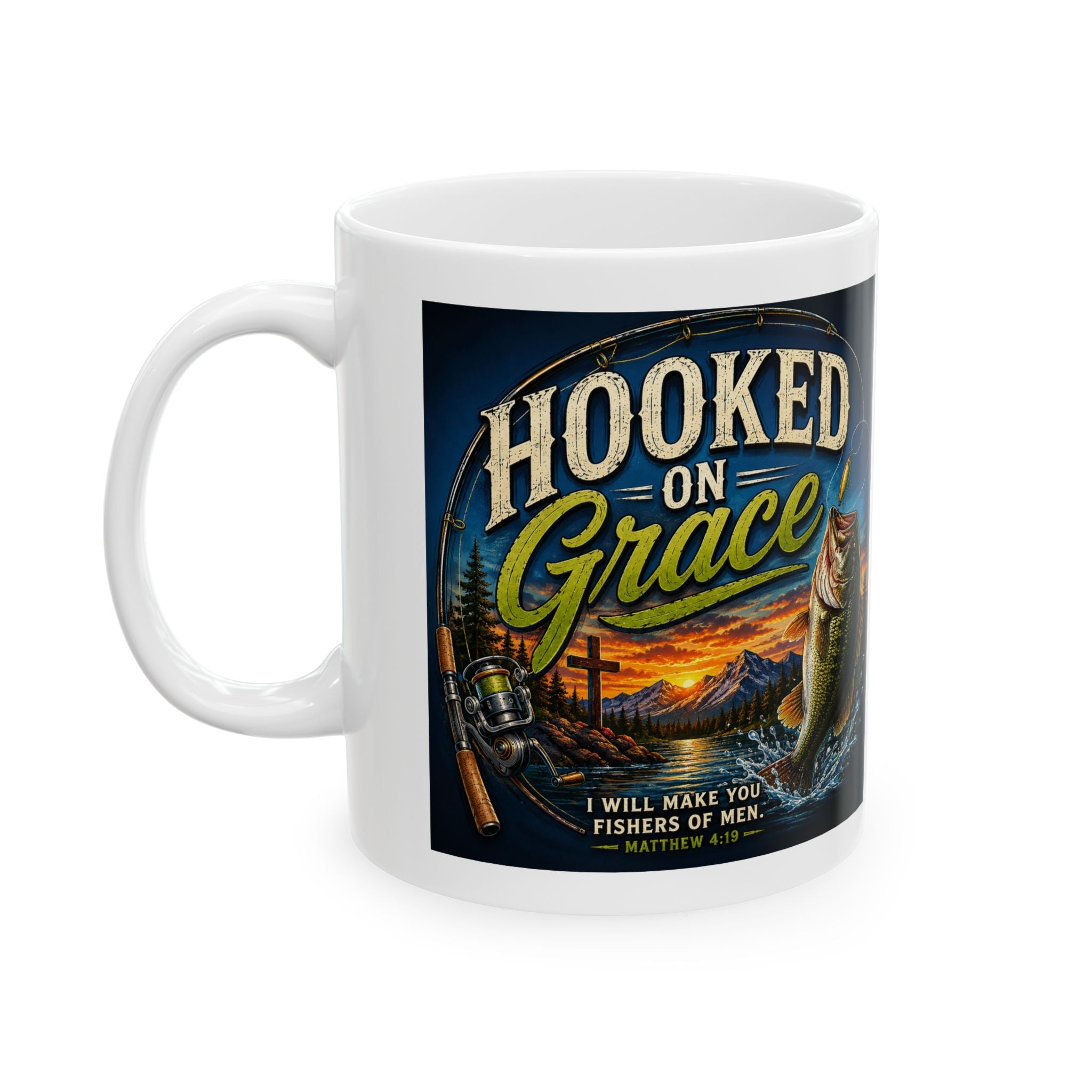 Hooked on Grace Christian Fishing Mug | Matthew 4:19 Fisher of Men Coffee Ceramic Mug, (11oz, 15oz)