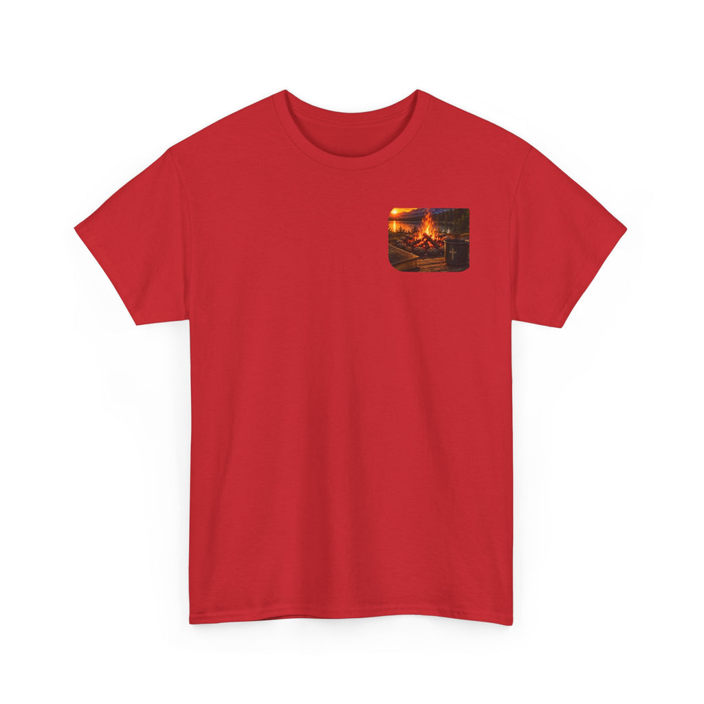 Buck Bible Bonfire Christian Hunting Shirt | Faith Outdoors T-Shirt | Rustic Campfire Deer Unisex Heavy Cotton Tee