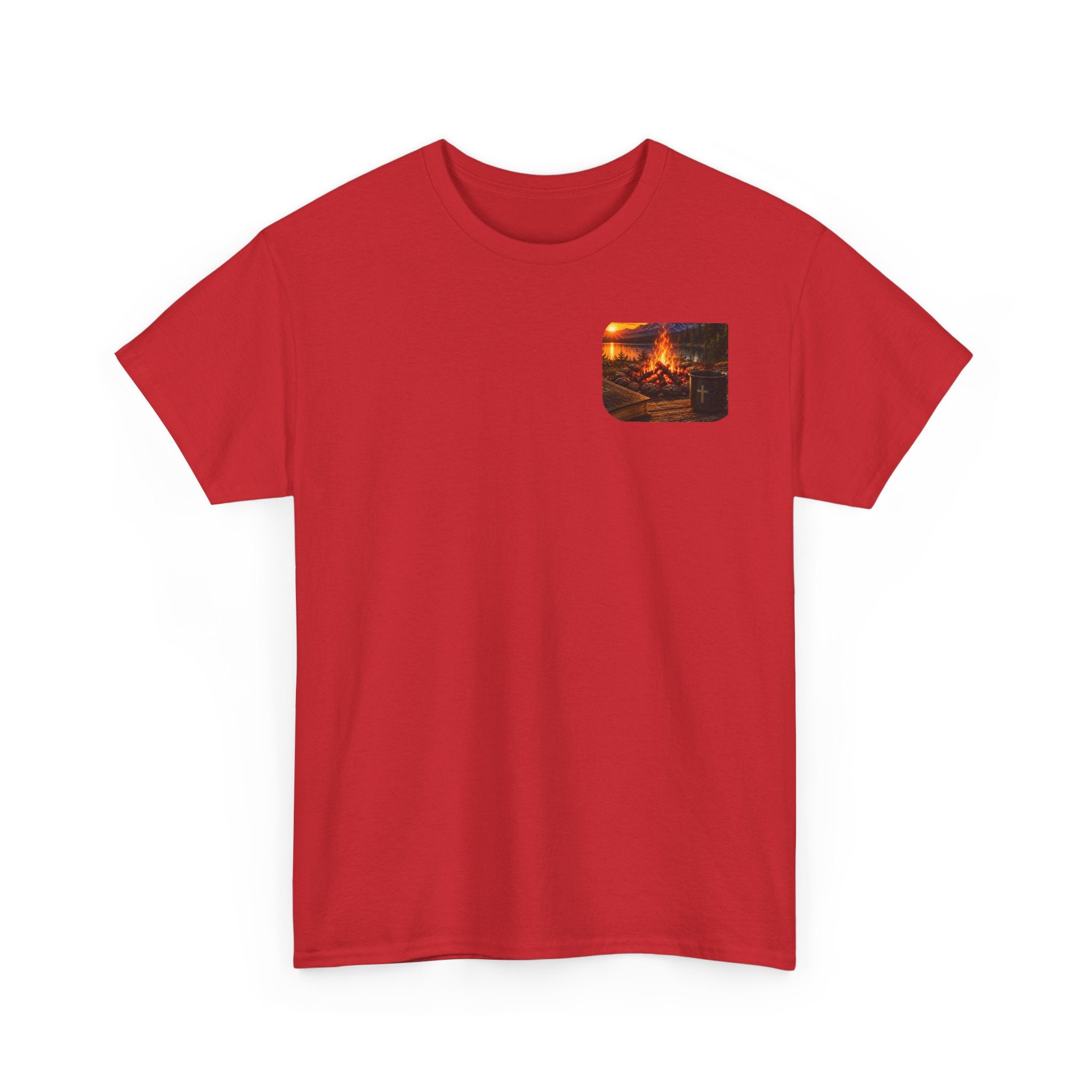 Buck Bible Bonfire Christian Hunting Shirt | Faith Outdoors T-Shirt | Rustic Campfire Deer Unisex Heavy Cotton Tee