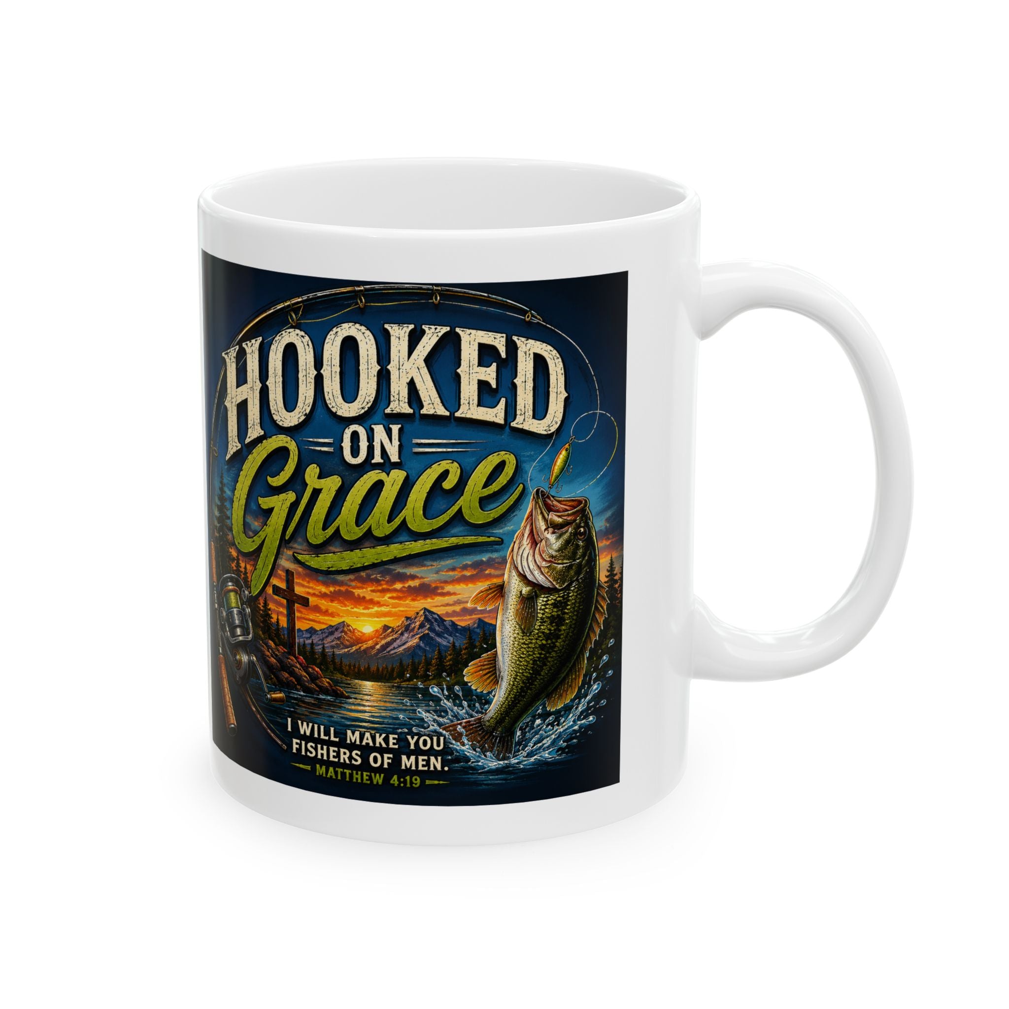 Hooked on Grace Christian Fishing Mug | Matthew 4:19 Fisher of Men Coffee Ceramic Mug, (11oz, 15oz)