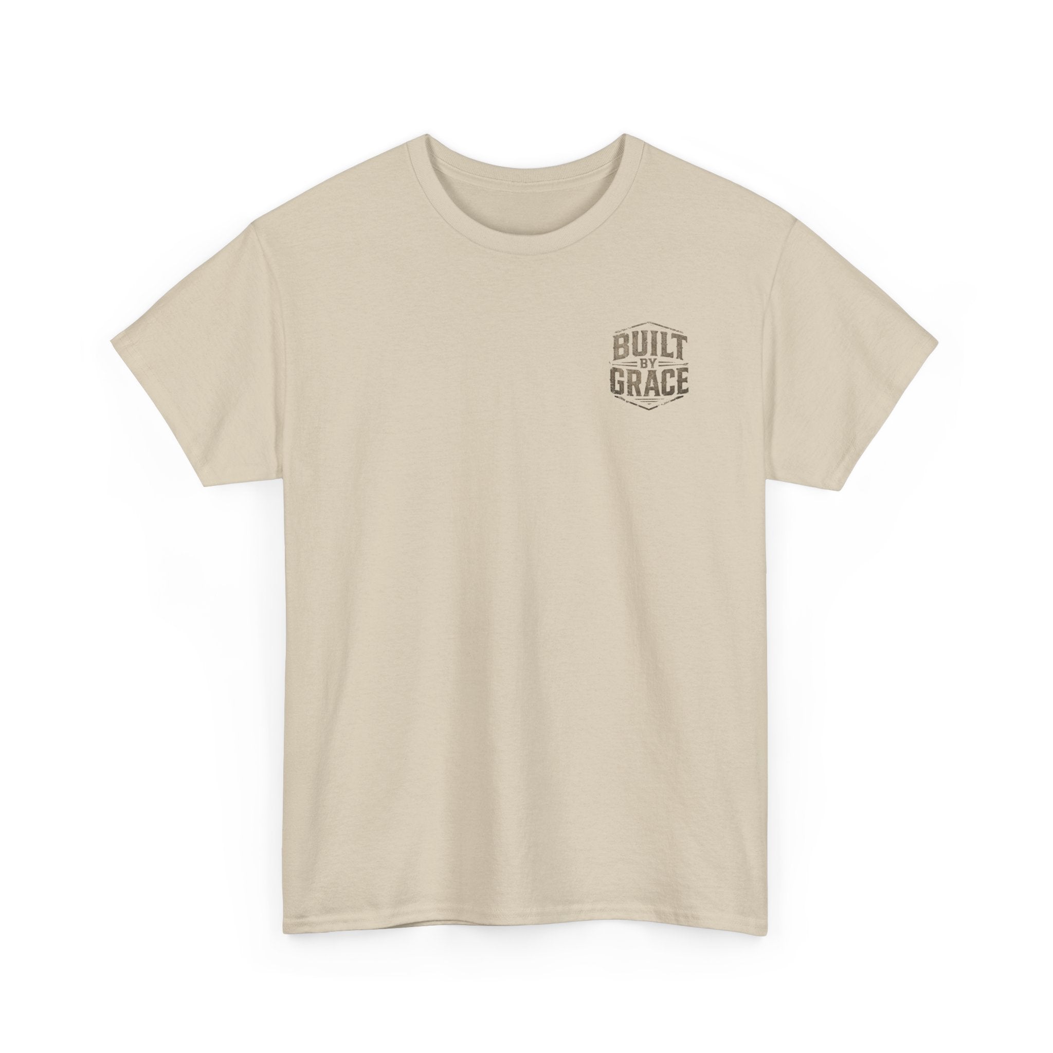 Built By Grace Christian T-Shirt | Rugged Faith-Based Graphic Tee | Inspirational Western Style Unisex Heavy Cotton Tee