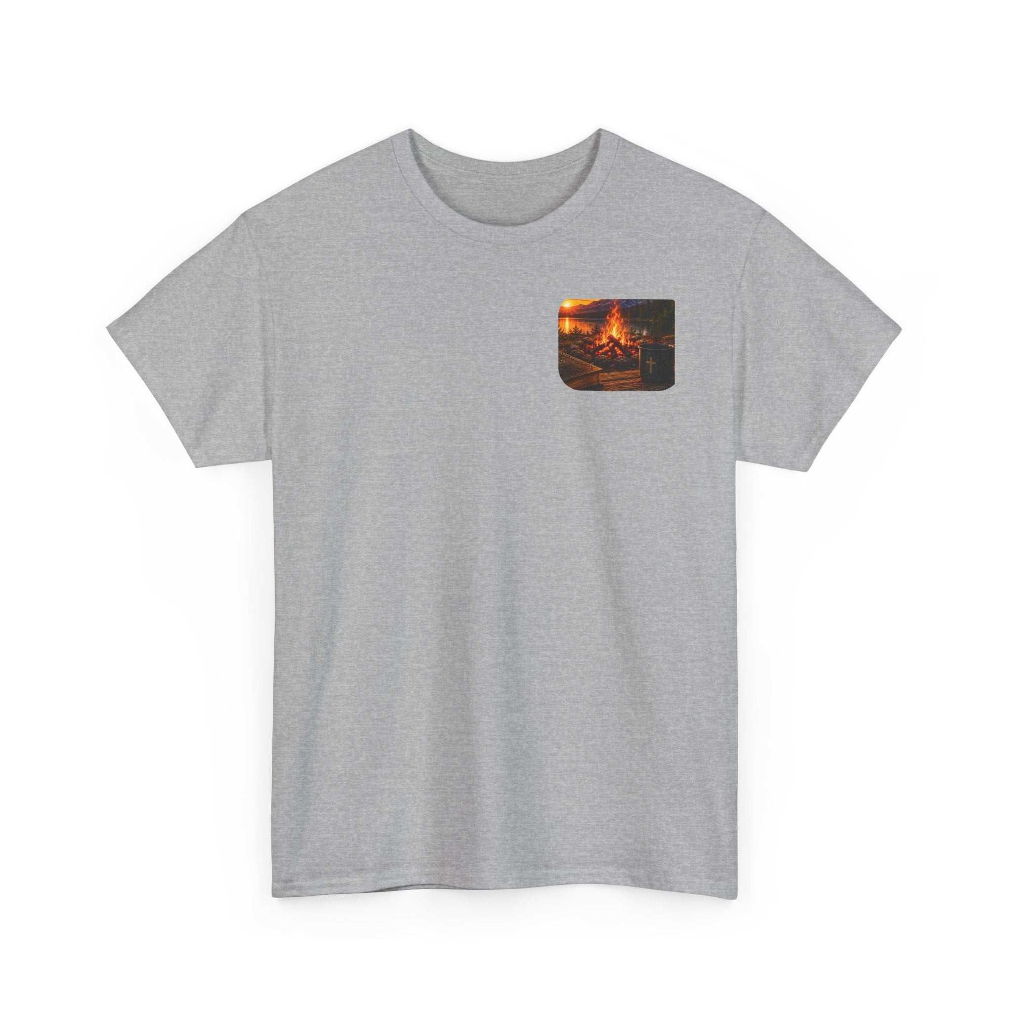 Buck Bible Bonfire Christian Hunting Shirt | Faith Outdoors T-Shirt | Rustic Campfire Deer Unisex Heavy Cotton Tee