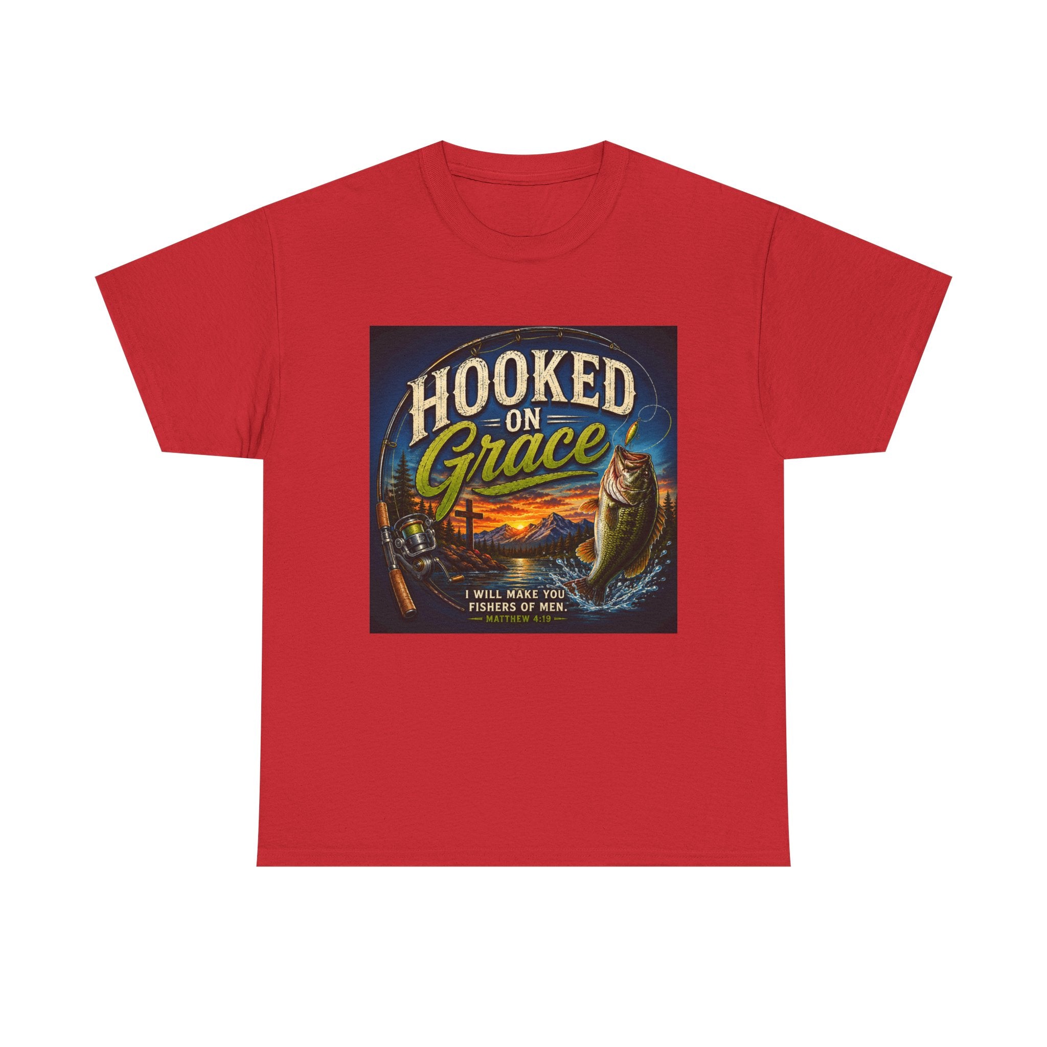 Hooked on Grace Christian Fishing T-Shirt | Faith Based Outdoor Unisex Heavy Cotton Tee