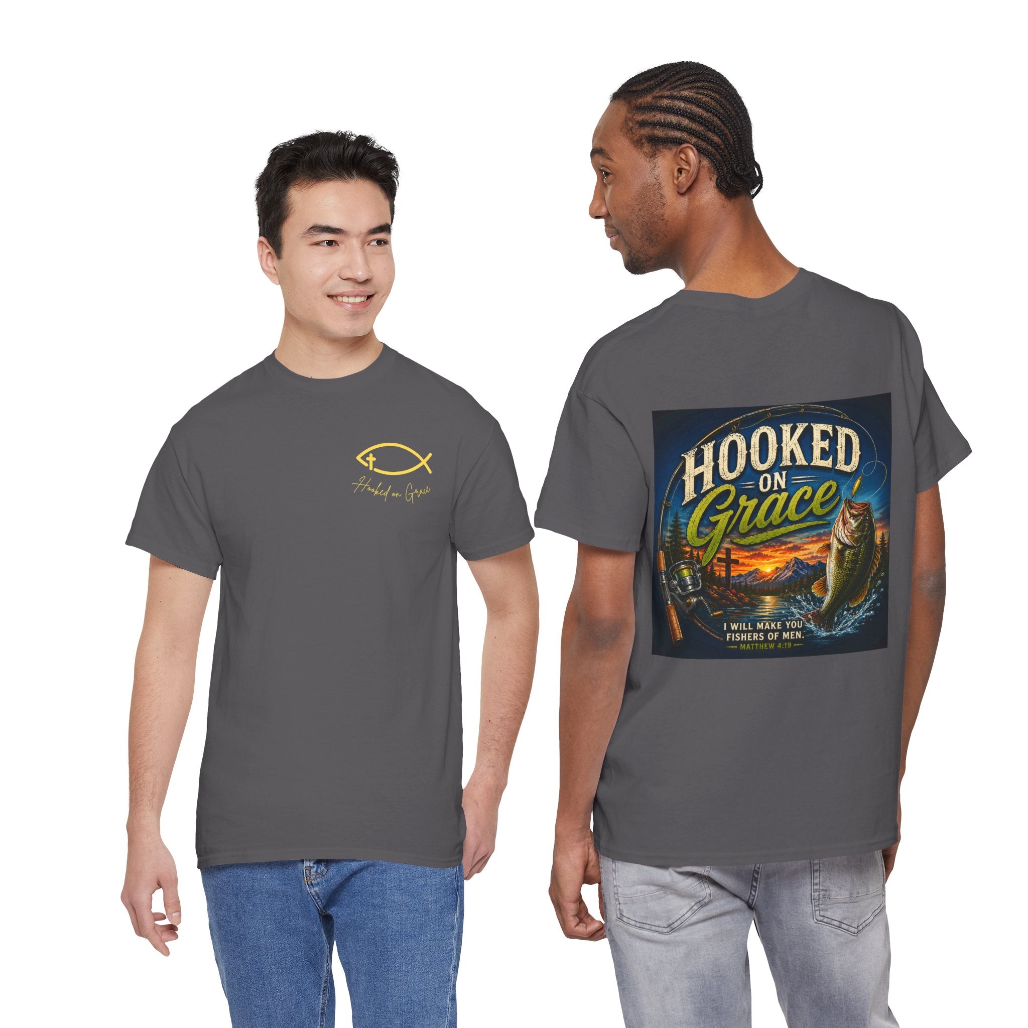 Hooked on Grace Christian Fishing Shirt | Faith-Based Outdoor Tee | Inspirational Fisherman Graphic T-Shirt Unisex Heavy Cotton Tee