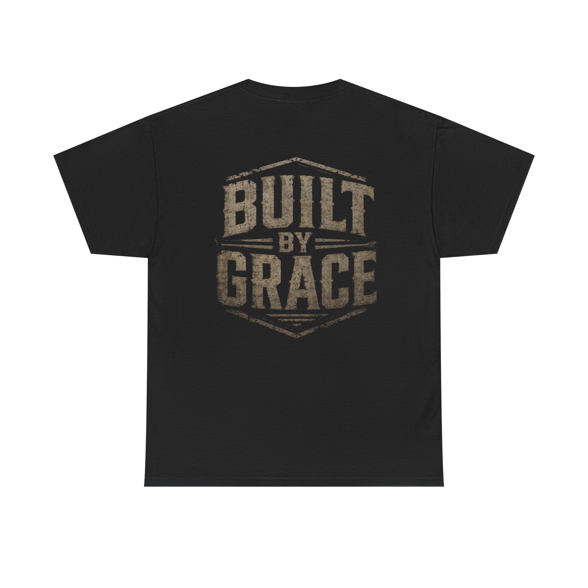 Built By Grace Christian T-Shirt | Rugged Faith-Based Graphic Tee | Inspirational Western Style Unisex Heavy Cotton Tee