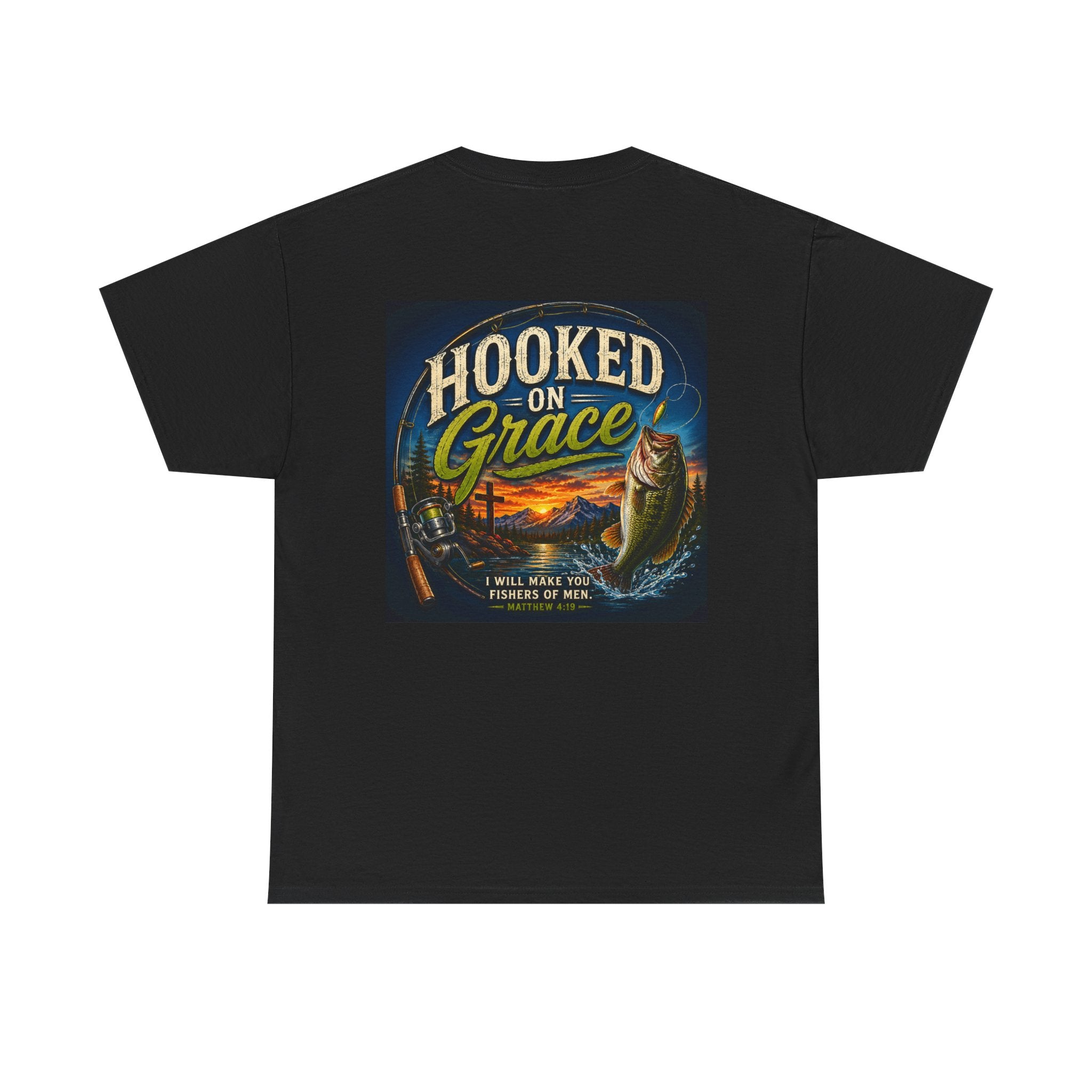 Hooked on Grace Christian Fishing Shirt | Faith-Based Outdoor Tee | Inspirational Fisherman Graphic T-Shirt Unisex Heavy Cotton Tee