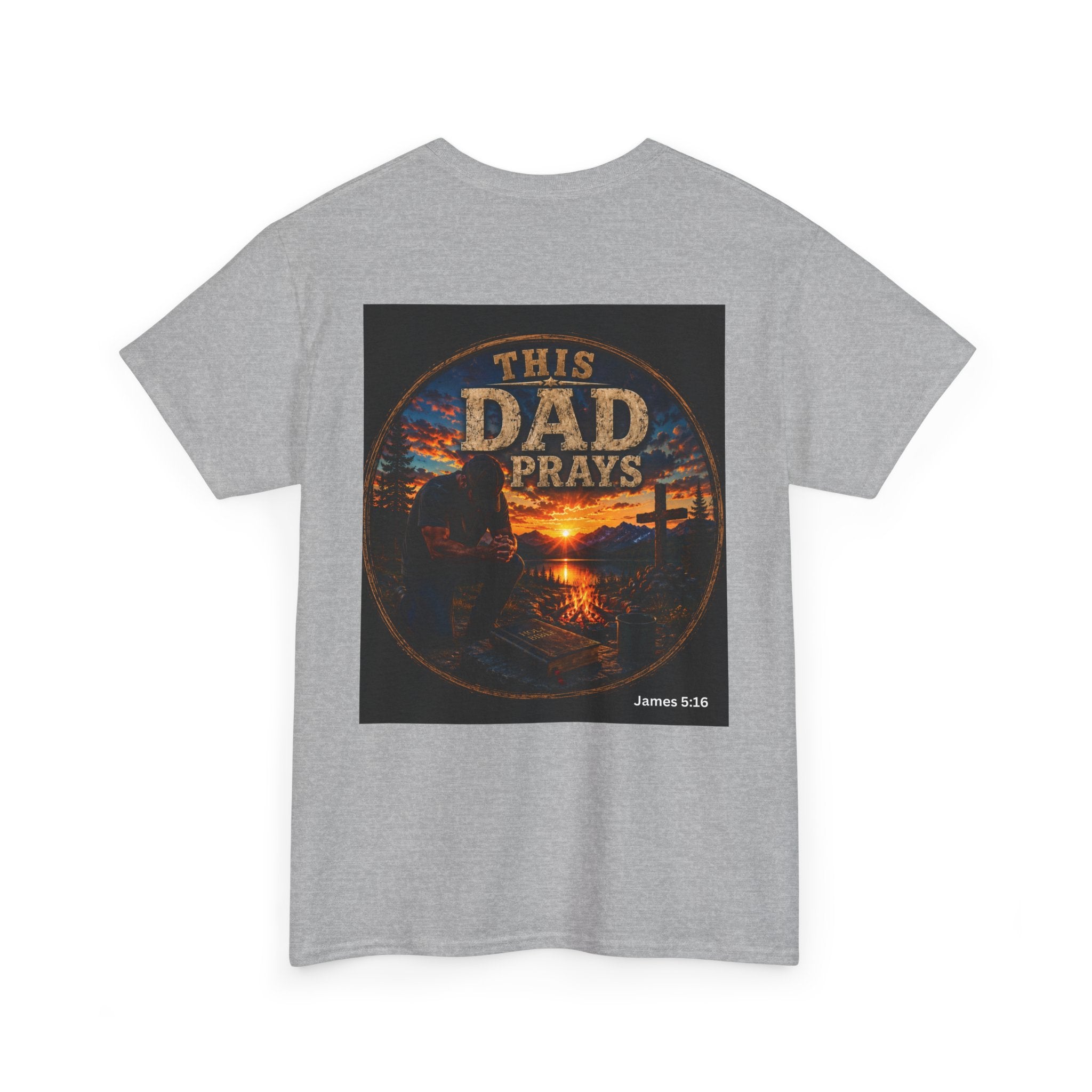 This Dad Prays Christian Outdoors T-Shirt – Faith, Family & Wilderness Sunset TeeUnisex Heavy Cotton Tee