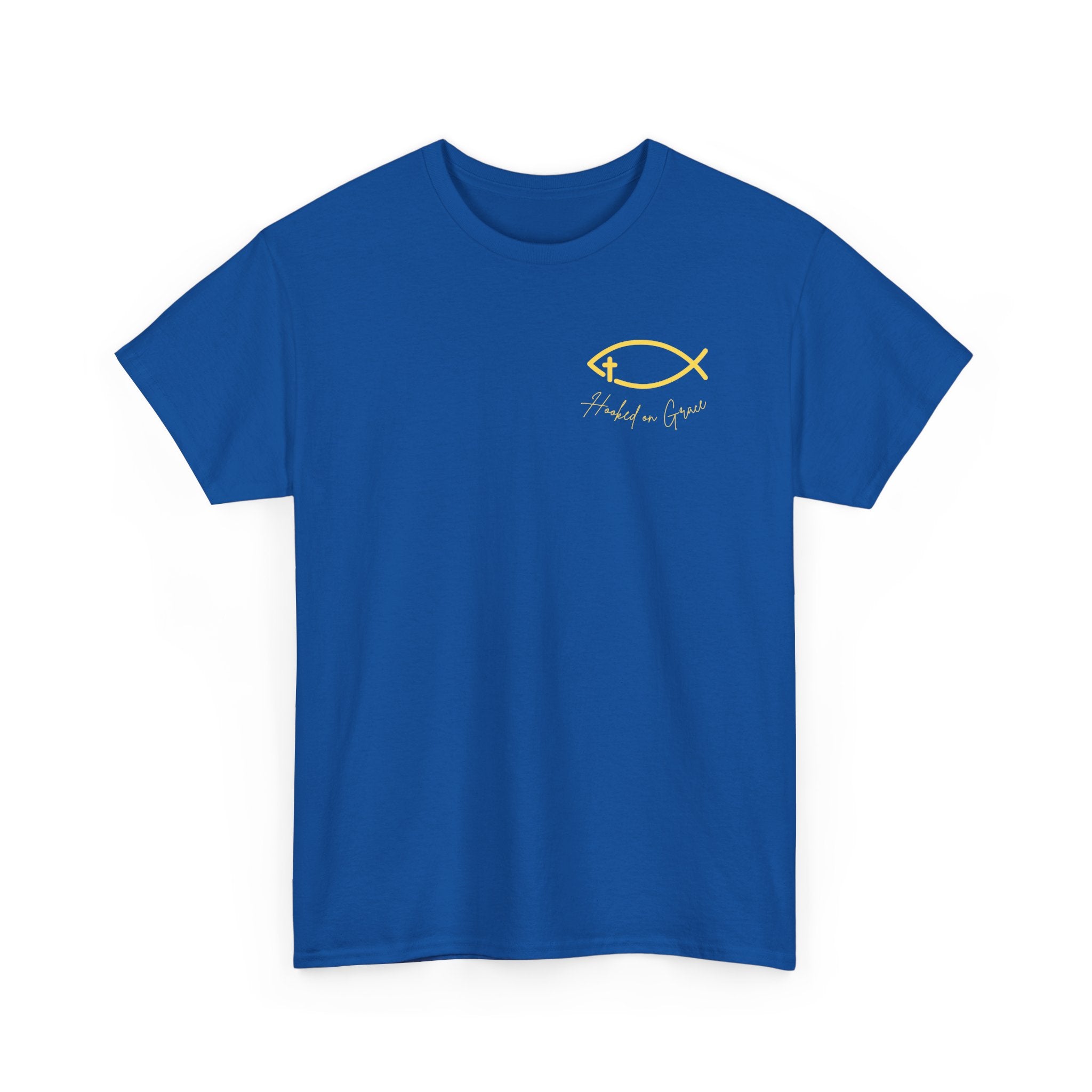Hooked on Grace Christian Fishing Shirt | Faith-Based Outdoor Tee | Inspirational Fisherman Graphic T-Shirt Unisex Heavy Cotton Tee