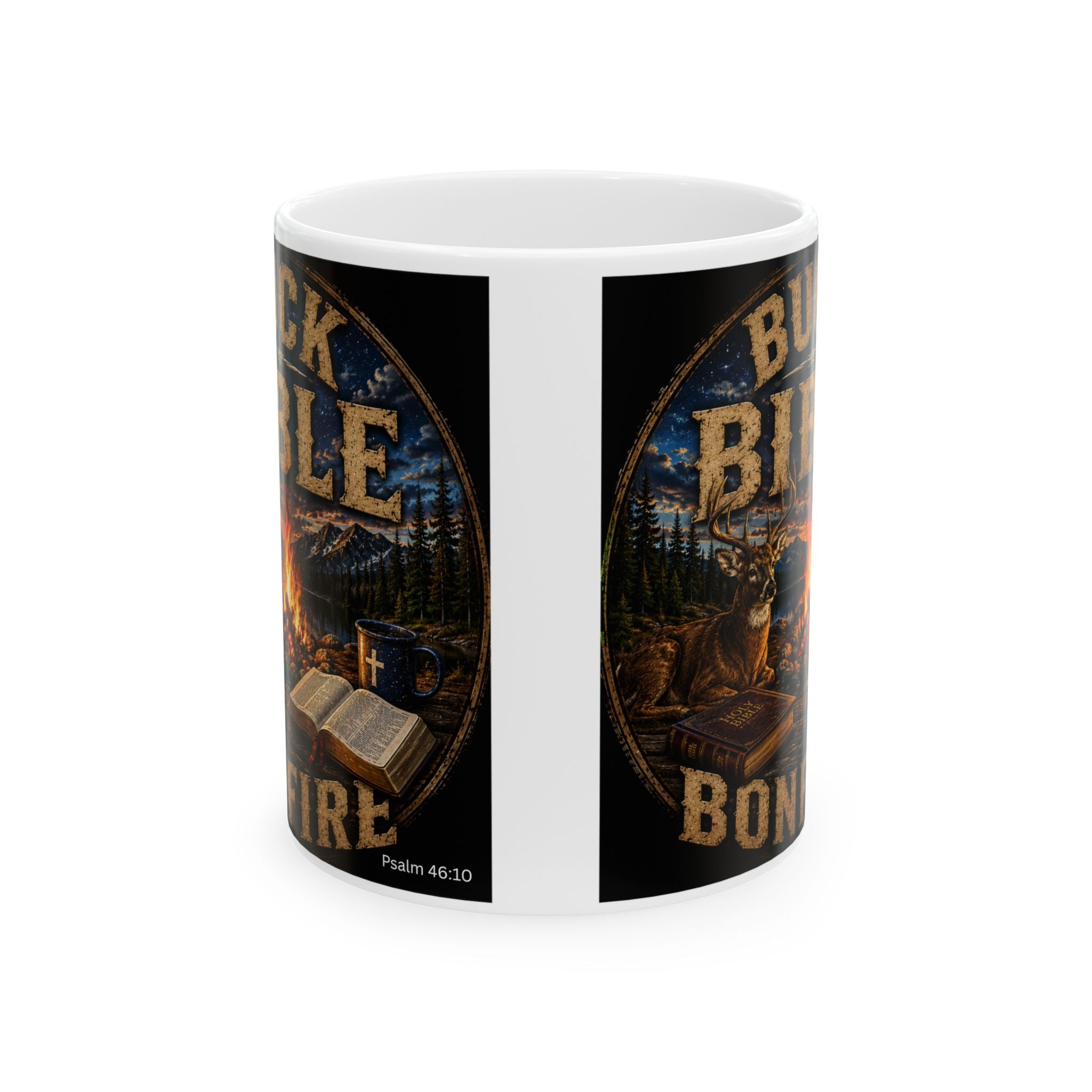 Buck Bible Bonfire Christian Coffee Mug – Faith Inspired Campfire Mug -Ceramic Mug, (11oz, 15oz)