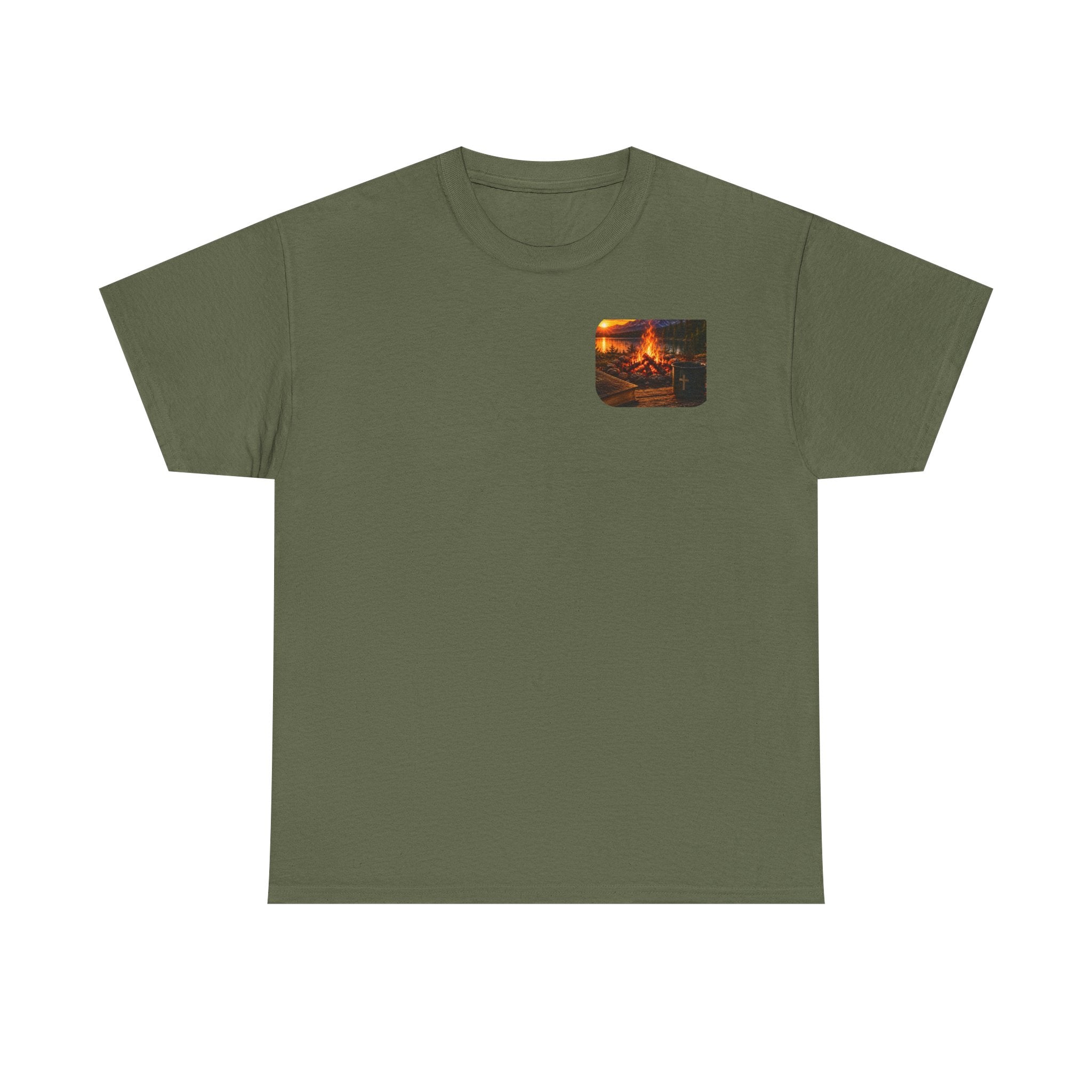 Buck Bible Bonfire Christian Hunting Shirt | Faith Outdoors T-Shirt | Rustic Campfire Deer Unisex Heavy Cotton Tee