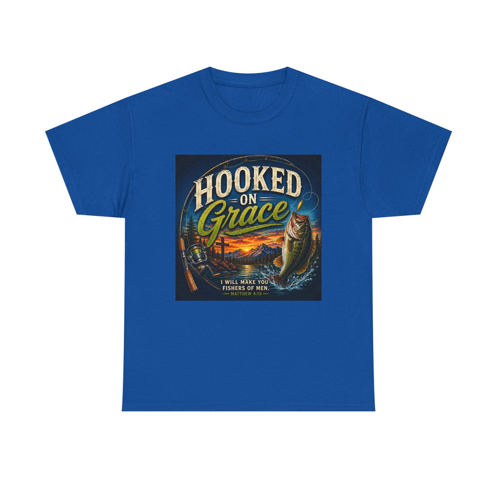 Hooked on Grace Christian Fishing T-Shirt | Faith Based Outdoor Unisex Heavy Cotton Tee