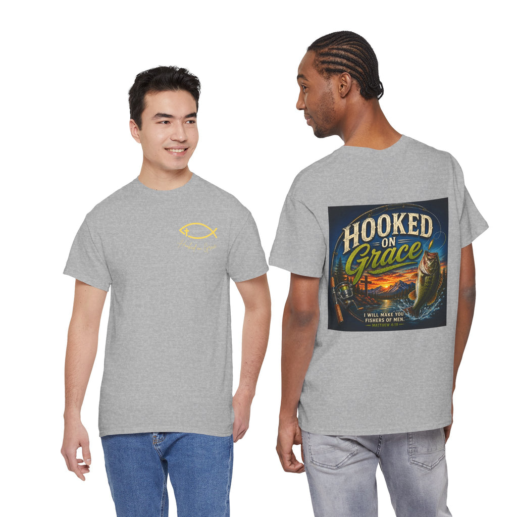 Hooked on Grace Christian Fishing Shirt | Faith-Based Outdoor Tee | Inspirational Fisherman Graphic T-Shirt Unisex Heavy Cotton Tee