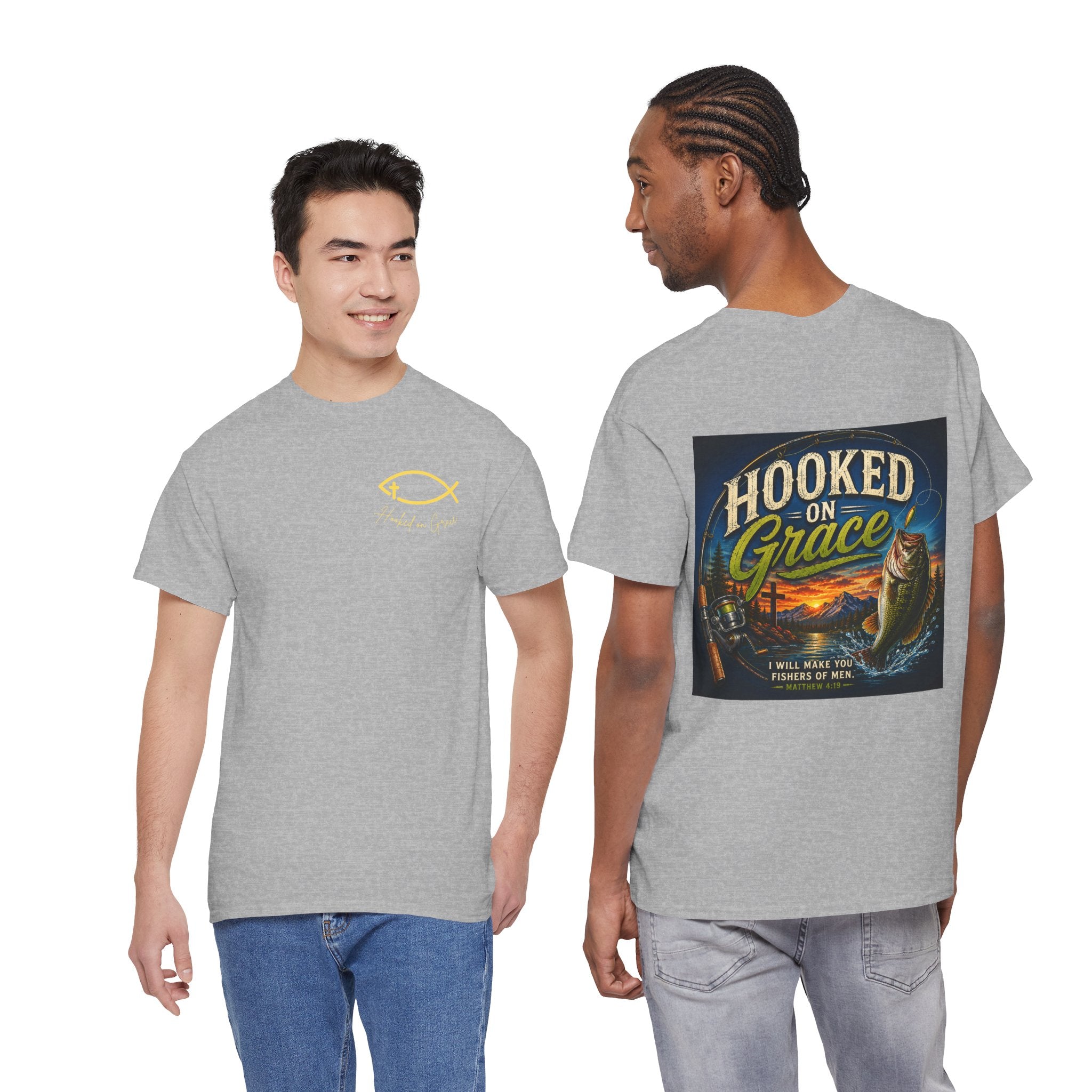 Hooked on Grace Christian Fishing Shirt | Faith-Based Outdoor Tee | Inspirational Fisherman Graphic T-Shirt Unisex Heavy Cotton Tee