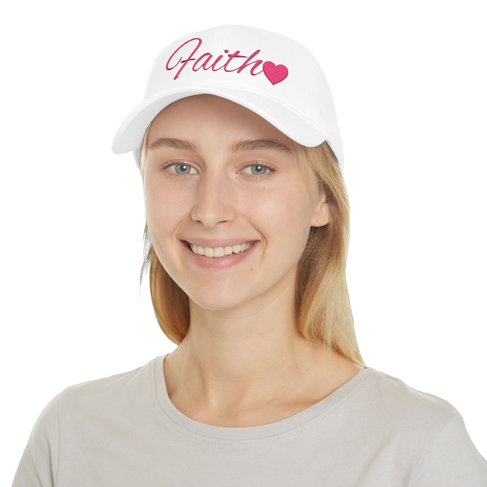Faith Heart Embroidered Christian Cap – inspirational with Pink Script Design Low Profile Baseball Cap
