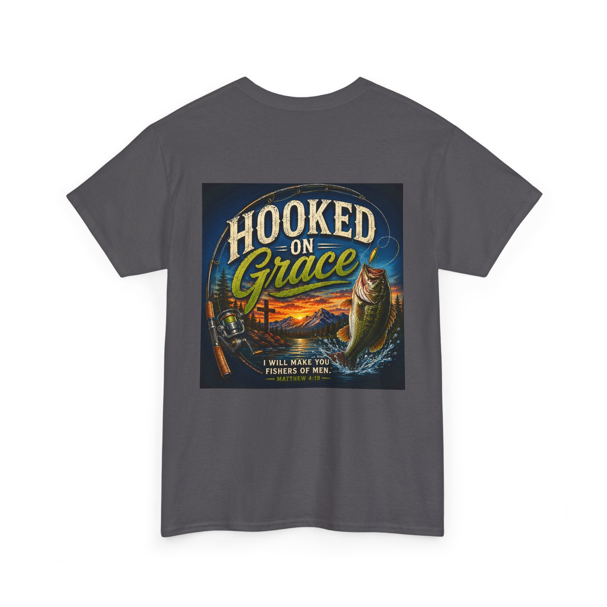 Hooked on Grace Christian Fishing T-Shirt | Faith Based Outdoor Unisex Heavy Cotton Tee