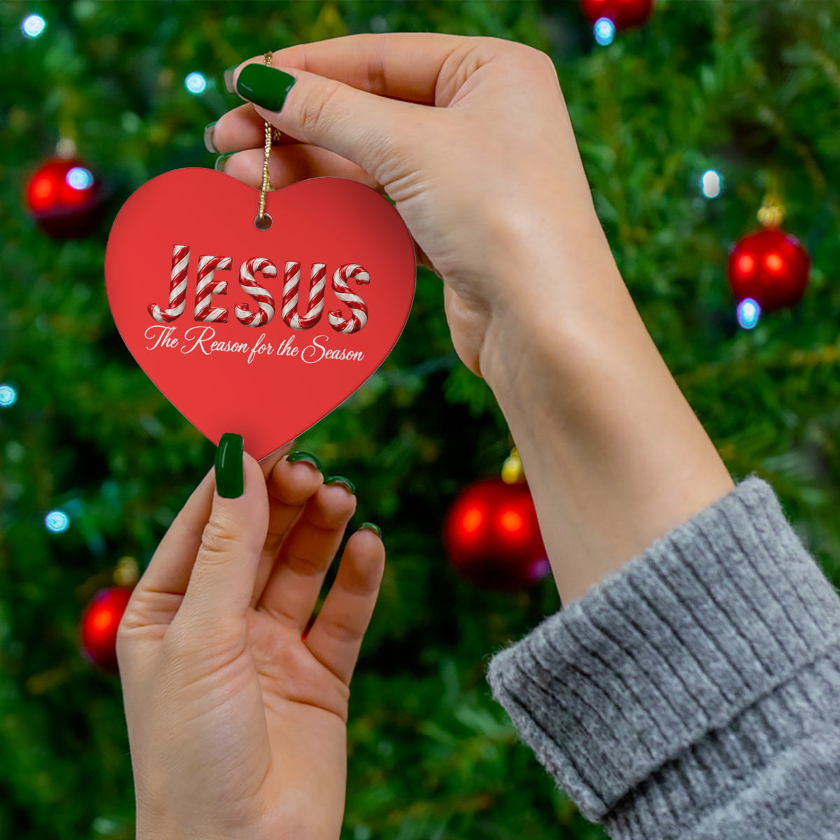 Jesus Is the Reason for the Season – Candy Cane Christmas Ornament Ceramic Ornament, 2 Shapes