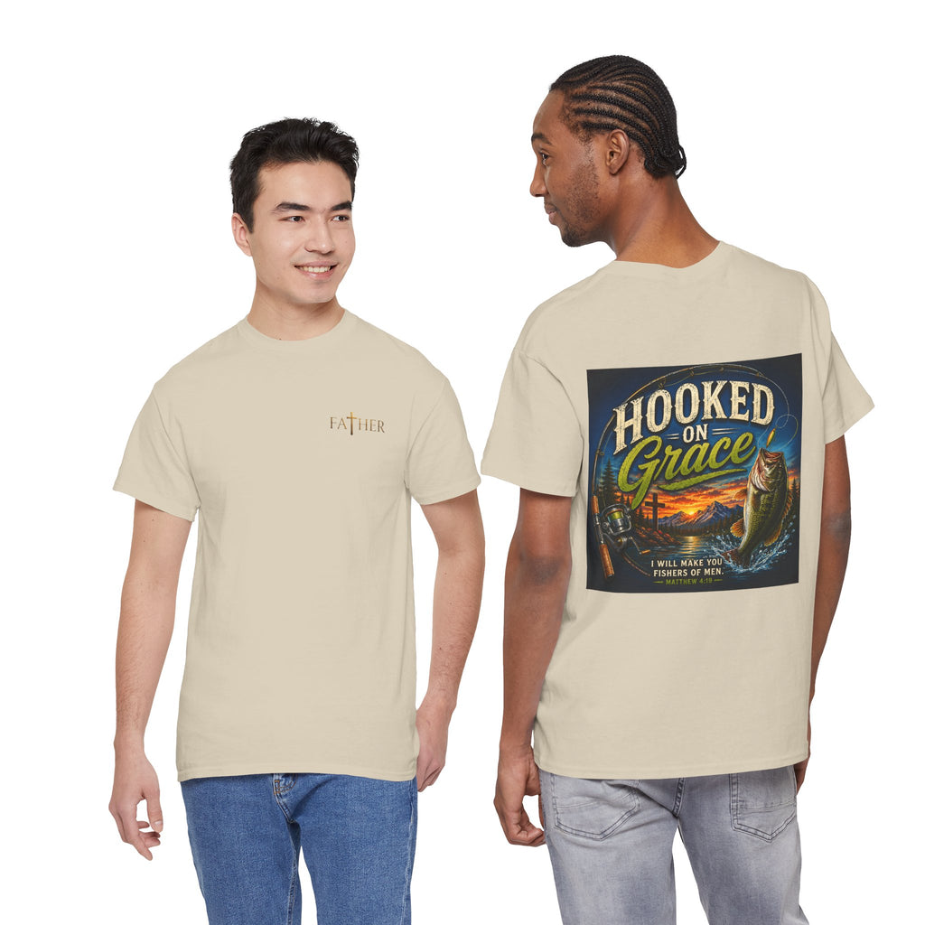 Hooked on Grace Christian Fishing T-Shirt | Faith Based Outdoor Unisex Heavy Cotton Tee
