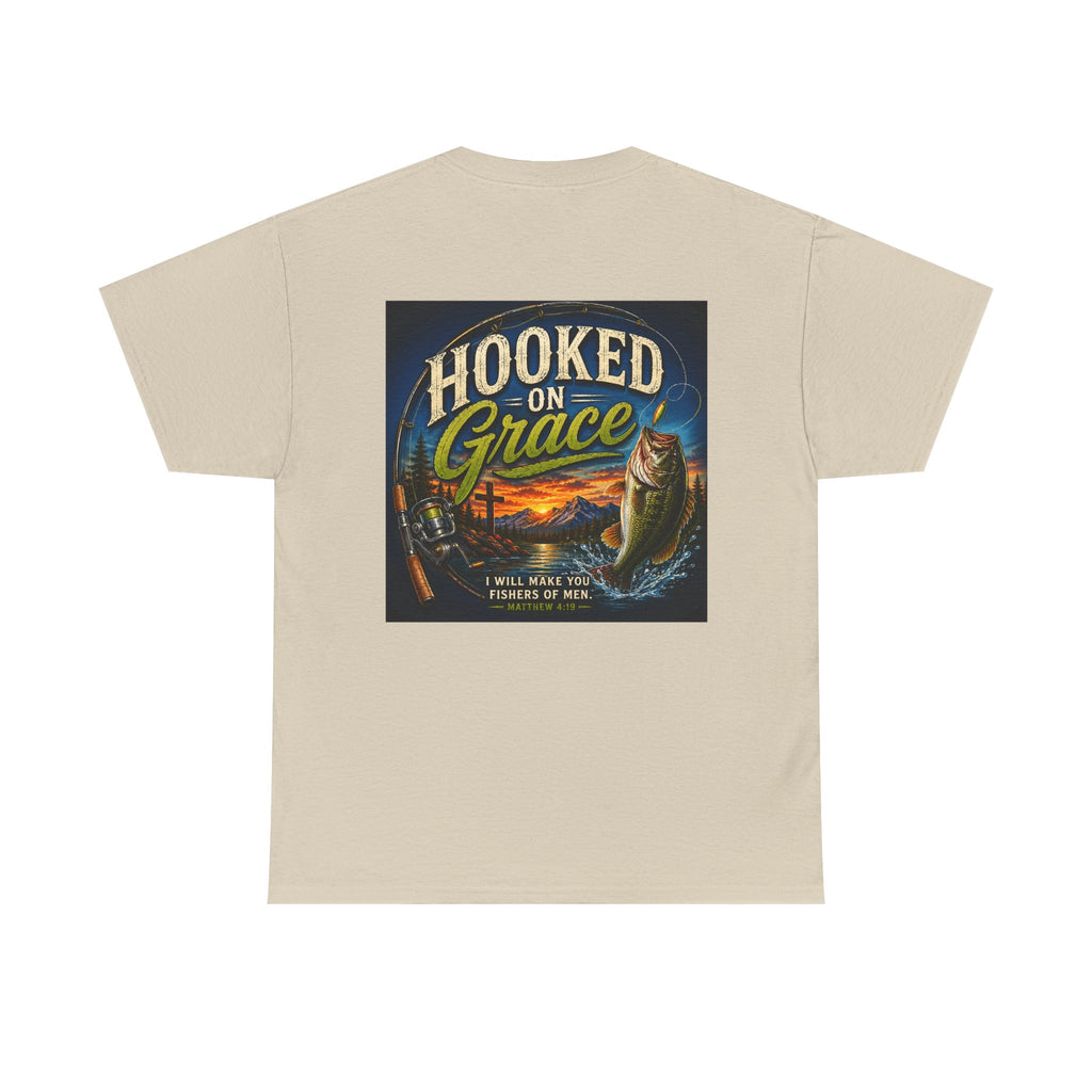 Hooked on Grace Christian Fishing Shirt | Faith-Based Outdoor Tee | Inspirational Fisherman Graphic T-Shirt Unisex Heavy Cotton Tee