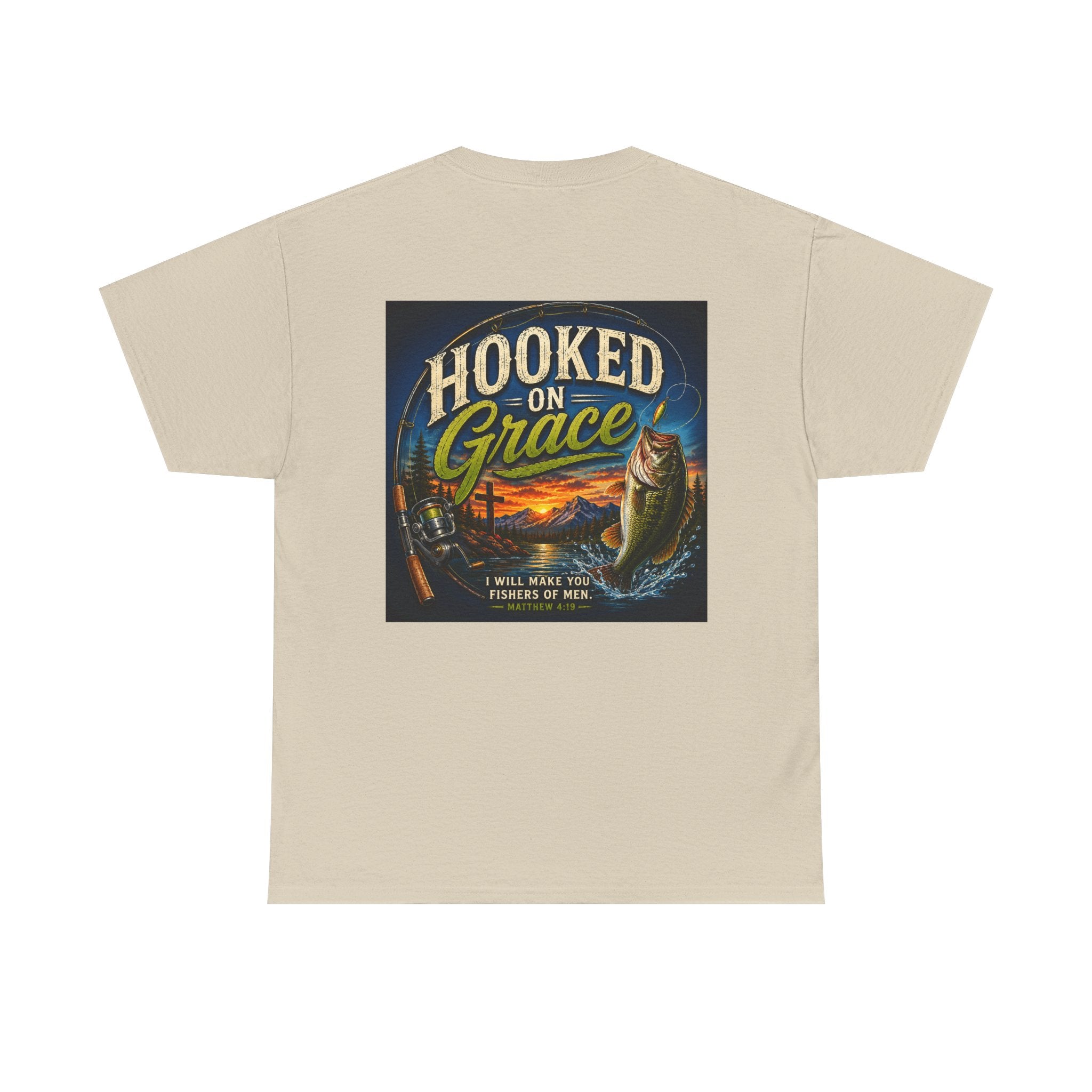 Hooked on Grace Christian Fishing Shirt | Faith-Based Outdoor Tee | Inspirational Fisherman Graphic T-Shirt Unisex Heavy Cotton Tee