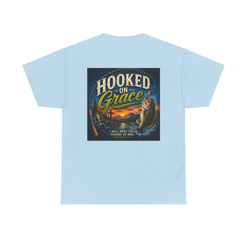 Hooked on Grace Christian Fishing Shirt | Faith-Based Outdoor Tee | Inspirational Fisherman Graphic T-Shirt Unisex Heavy Cotton Tee