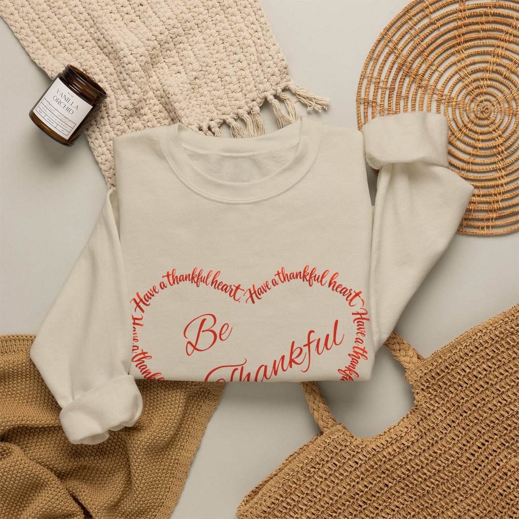 Be Thankful – Christian Thanksgiving Sweatshirt | 1 Thessalonians 5:18 | Faith-Inspired Heart Design-Unisex Heavy Blend™ Crewneck Sweatshirt